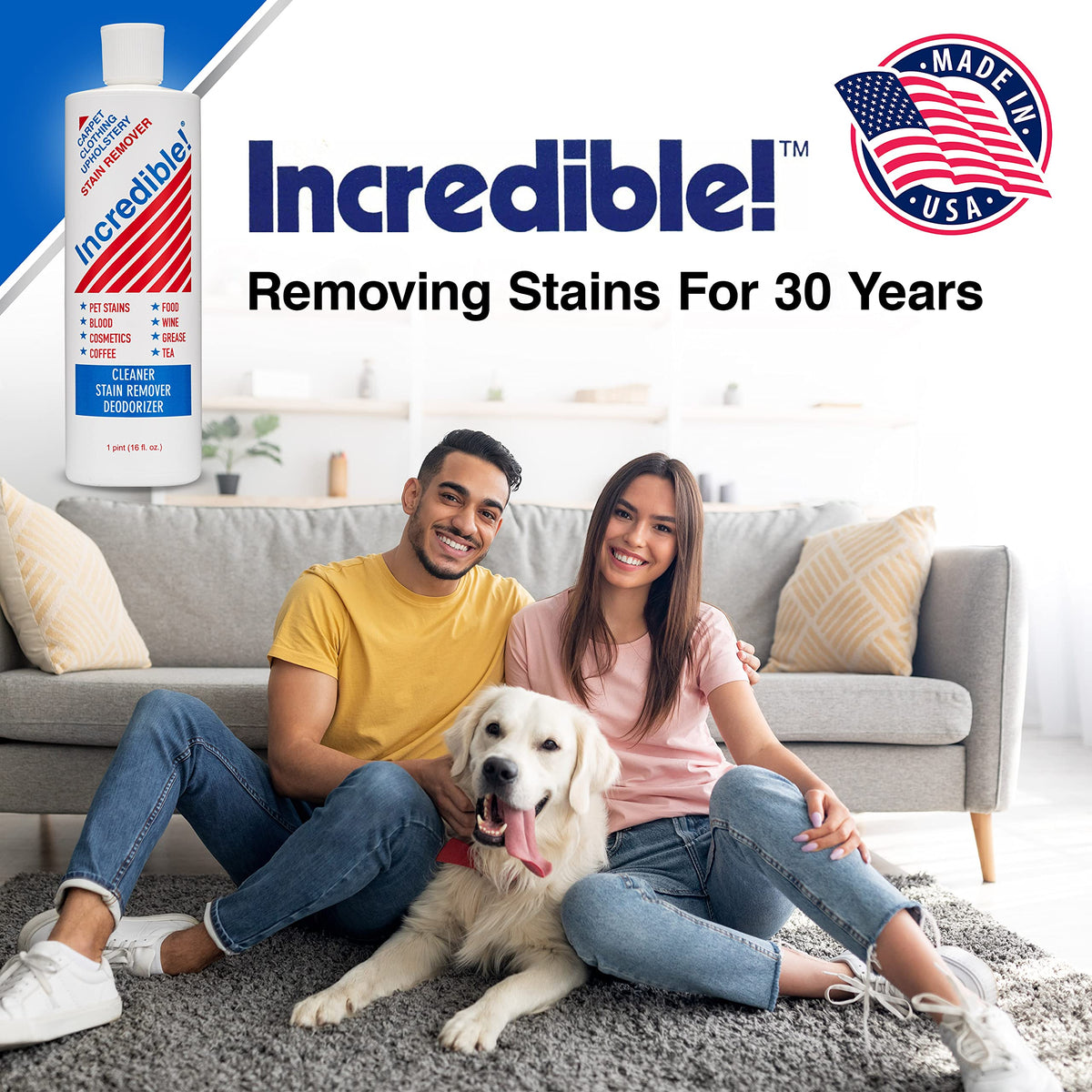 Incredible! Stain Remover - Stain Remover for Clothes, Laundry, Carpets, Mattress & Upholstery, Removes Most Household Stains - Pet Stains, Urine, Odors, Red Wine, Cosmetics & Coffee! 16.oz