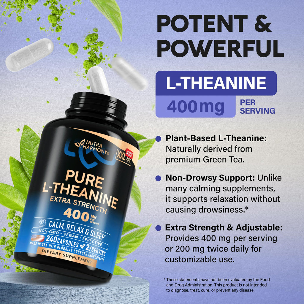 L-Theanine 400 mg - L Theanine for Stress Relief - Plant Based - 240 Caps | Extra Strength L Theanine Supplement for Men & Women - Relaxation, Sleep & Calm Support - Lab Tested, Vegan, Non-GMO