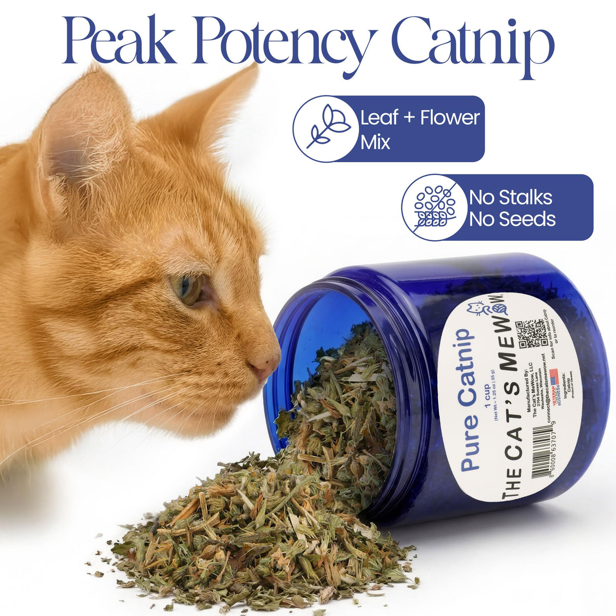 The Cat's MeWow 100% Pure Catnip – North American Grown – Strong Aroma for Play & Enrichment – Resealable Freshness Jar – Veteran-Owned Brand
