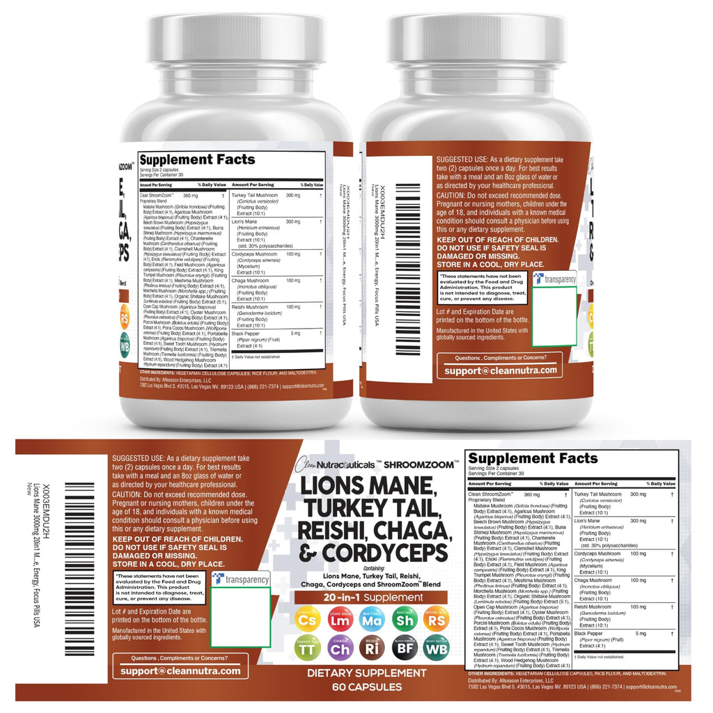 Clean Nutraceuticals Lions Mane 20in1 Mushroom Supplement with Turkey Tail Reishi Cordyceps Chaga Maitake Meshima Poria Cocos Shiitake Oyster Porcini Enoki - 1 Pack