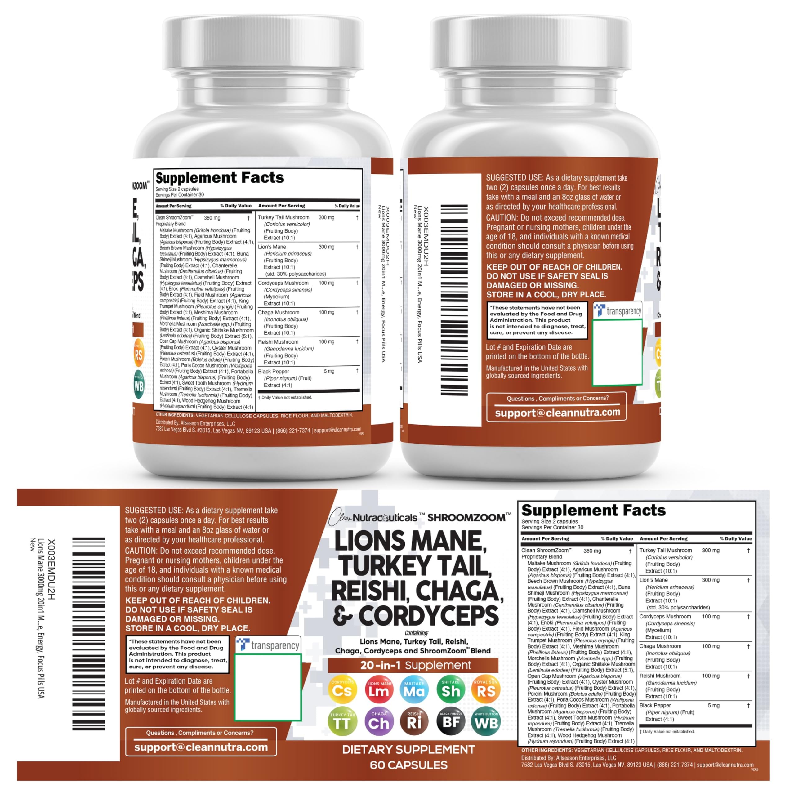 Clean Nutraceuticals Lions Mane 20in1 Mushroom Supplement with Turkey Tail Reishi Cordyceps Chaga Maitake Meshima Poria Cocos Shiitake Oyster Porcini Enoki - 1 Pack