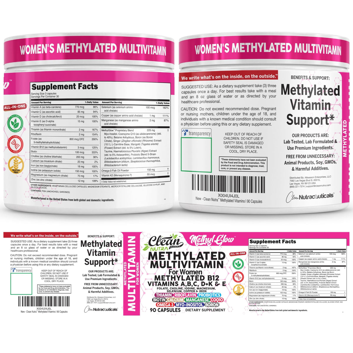 Methylated Multivitamin for Women Vitamins B6 Methyl B12 A B C D K E Folate Choline Omega 3 Thiamine Riboflavin Iron Iodine Magnesium Zinc Selenium Copper Calcium 90 Capsules by Clean Nutra