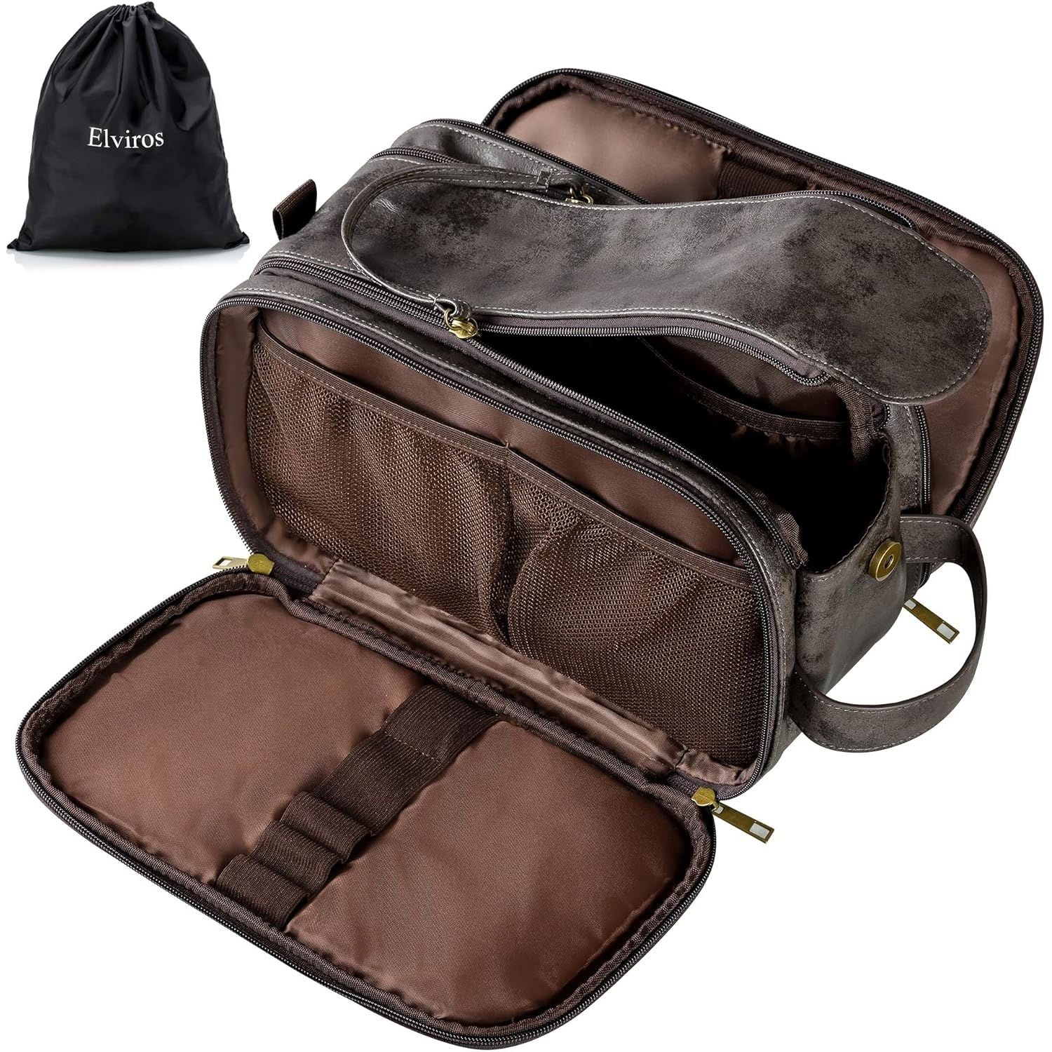 Buy now Elviros Toiletry Bag for Men, Large Travel Shaving Dopp Kit Water-resistant Bathroom Toiletries Organizer PU Leather Cosmetic Bags Large (Pack of 1) Dark Grey at indiglob india