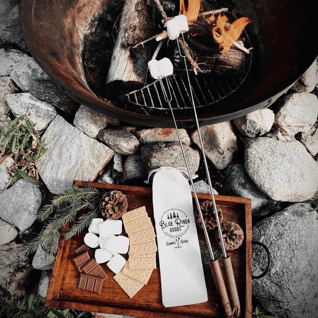 Blue River Goods Smores Sticks | Set of 6 Marshmallow Roasting Sticks | Extendable Stainless Steel w/Walnut Handles | Smore Sticks for Marshmallow Sticks for Fire Pit | Smore Sticks for Fire Pit