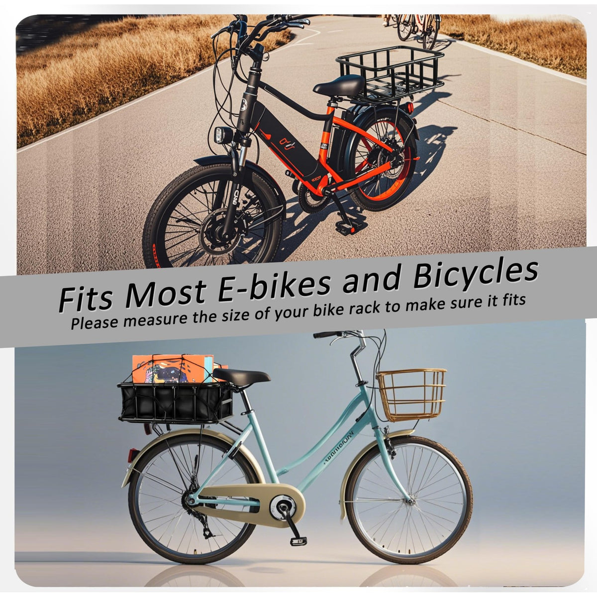 Bike Basket Rear, Large Bicycle Basket with Cargo Net, Liner and Waterproof Cover for Electirc Bike, Ebike and Bikes, Large Capacity Wire Bakset