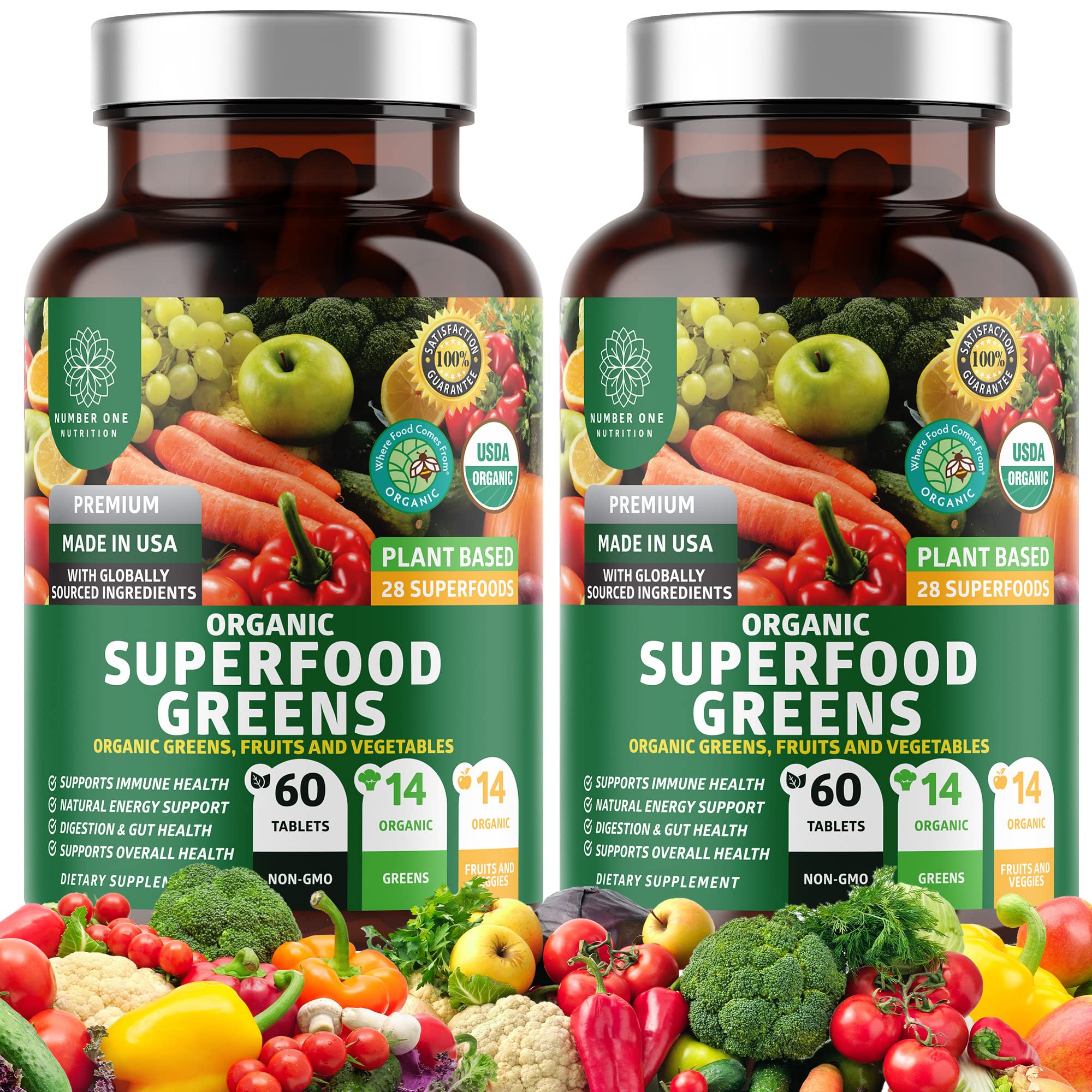 Number One Nutrition USDA Organic and Easy-to-Take Super Greens, Better Than Powder Fruits & Veggies Supplement with 28 Superfood Ingredients Like Alfalfa, Beet Root and Ginger, 120 Tablets