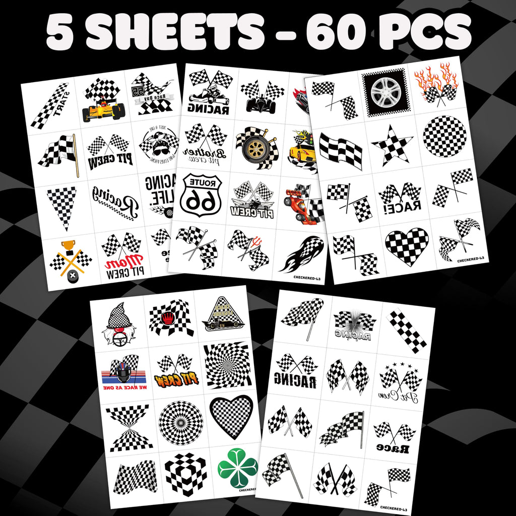60 PCS Funny Race Car Checkered Flag Pre-Cut Temporary Tattoos