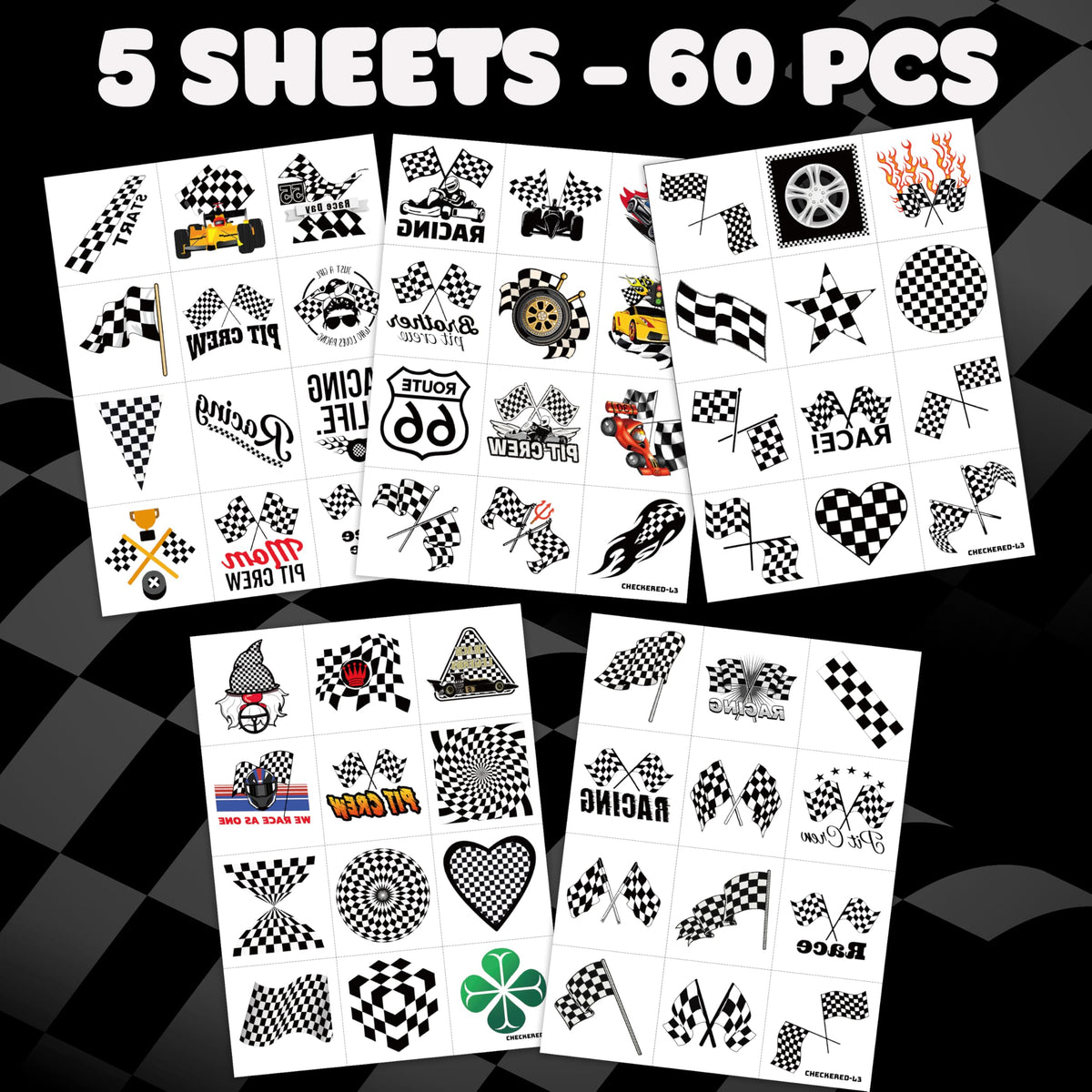 60 PCS Funny Race Car Checkered Flag Pre-Cut Temporary Tattoos