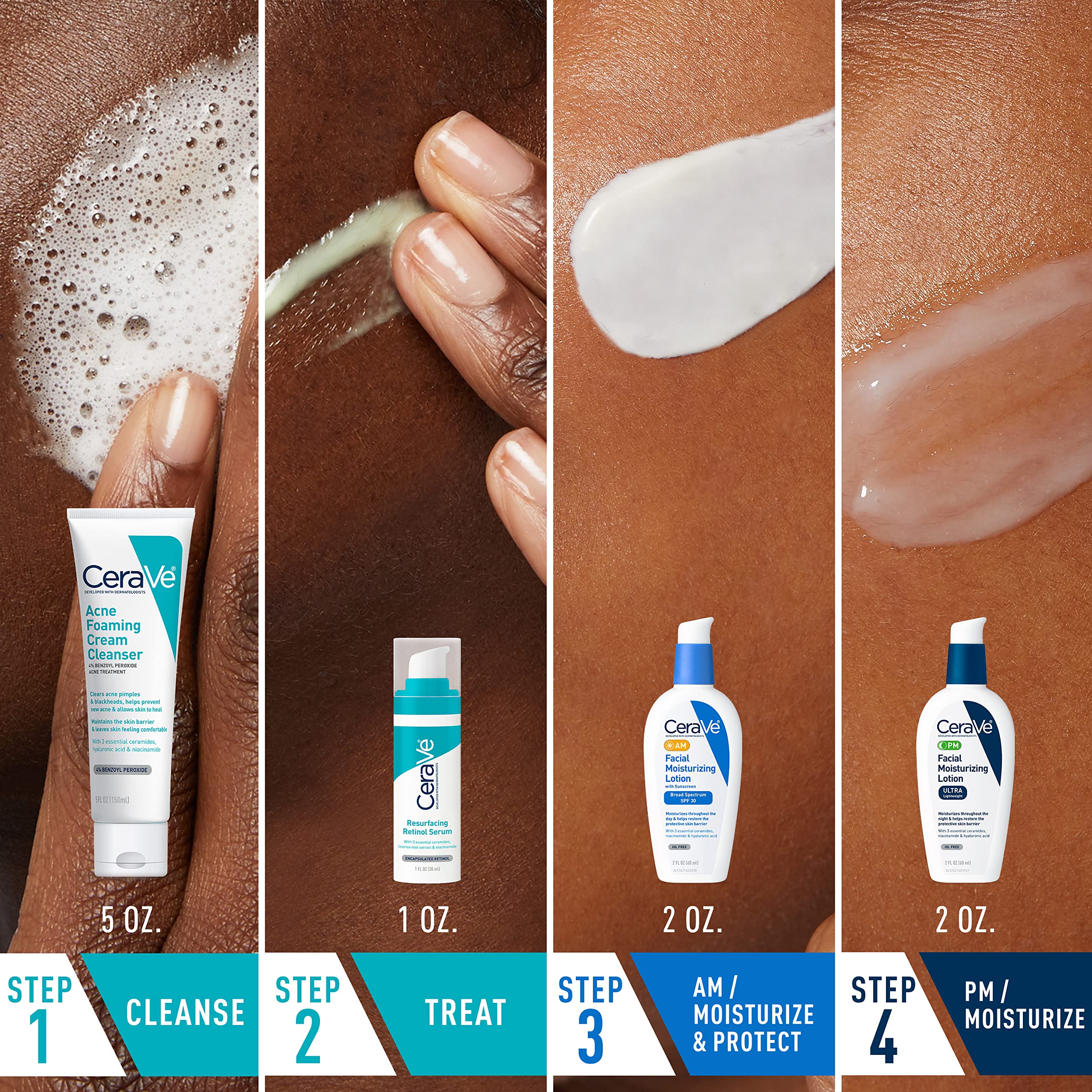 Buy now CeraVe Acne Skin Care Set, 5oz Acne Foaming Cream Cleanser + 1oz Resurfacing Retinol Serum + 2oz AM Facial Moisturizing Lotion with SPF 30 + 2oz PM Facial Moisturizing Lotion at indiglob india