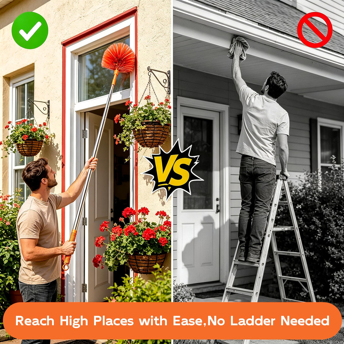 Cobweb Duster with Extension Pole, 90" Spider Web Brush, Orange