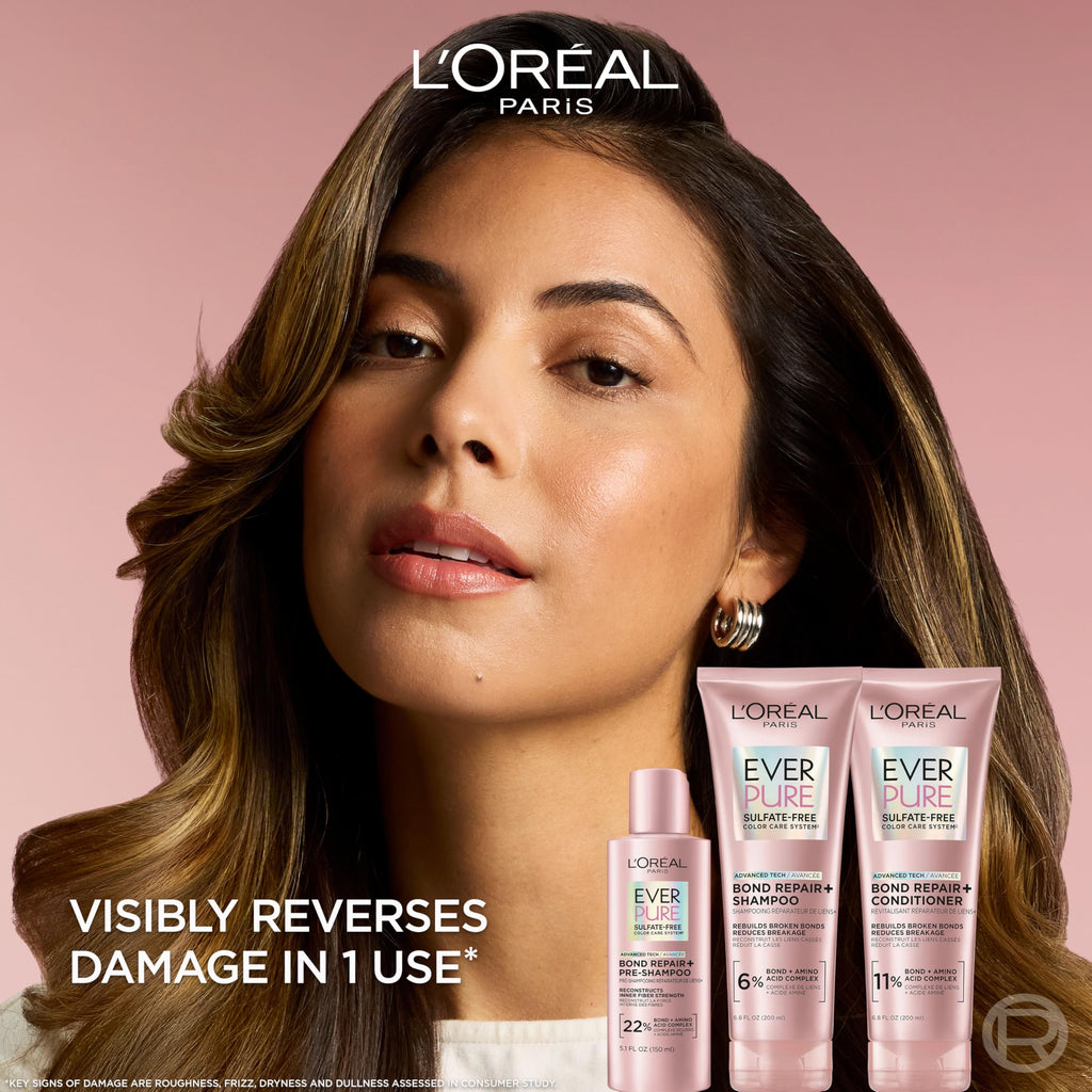 L'Oreal Paris Sulfate Free Bond Repair+ Shampoo and Conditioner Set with Bond + Amino Acid Complex, Strengthens and Repairs Damaged or Color Treated Hair, EverPure, 13.6 Fl Oz Set (Packaging May Vary)