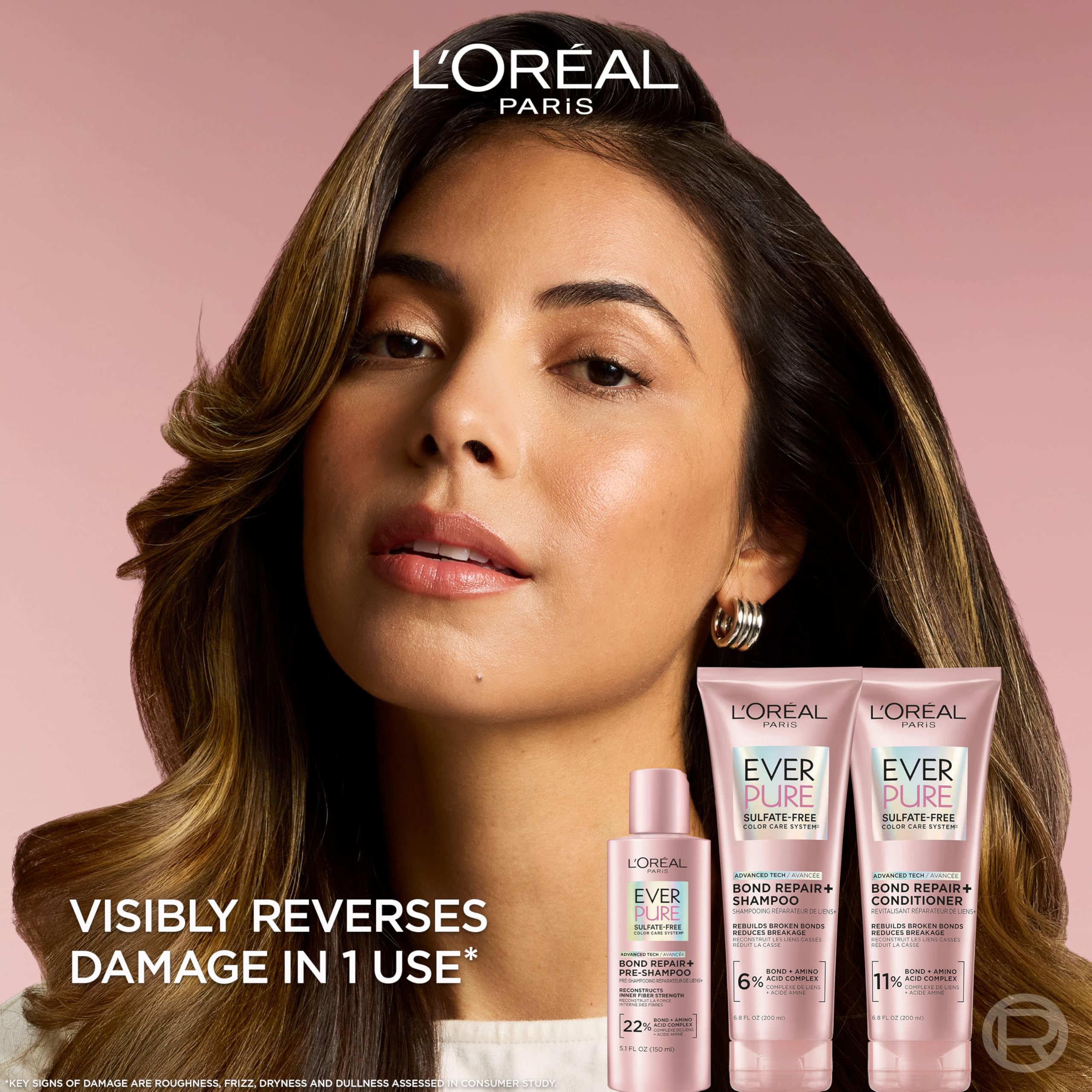 L'Oreal Paris Sulfate Free Bond Repair+ Shampoo, Hair Shampoo with Bond + Amino Acid Complex, Strengthens and Repairs Damaged or Color Treated Hair, EverPure, 6.8 Fl Oz (Packaging May Vary)