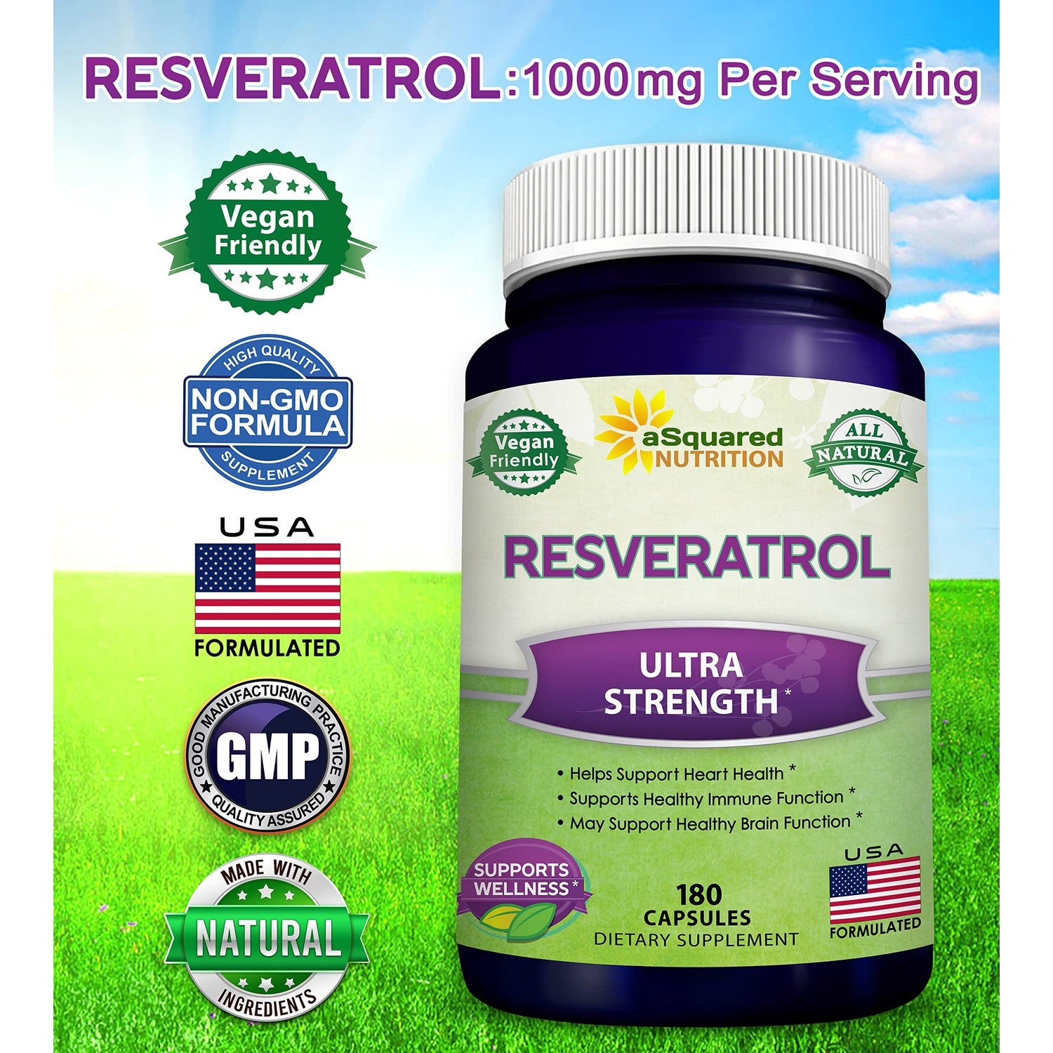 100% Natural Resveratrol Supplement - 1000mg Per Serving - 180 Capsules | Max Strength Antioxidant Polyphenols Complex - Trans-Resveratrol Pills for Heart Health - Pure Formula - 500mg Per Capsule