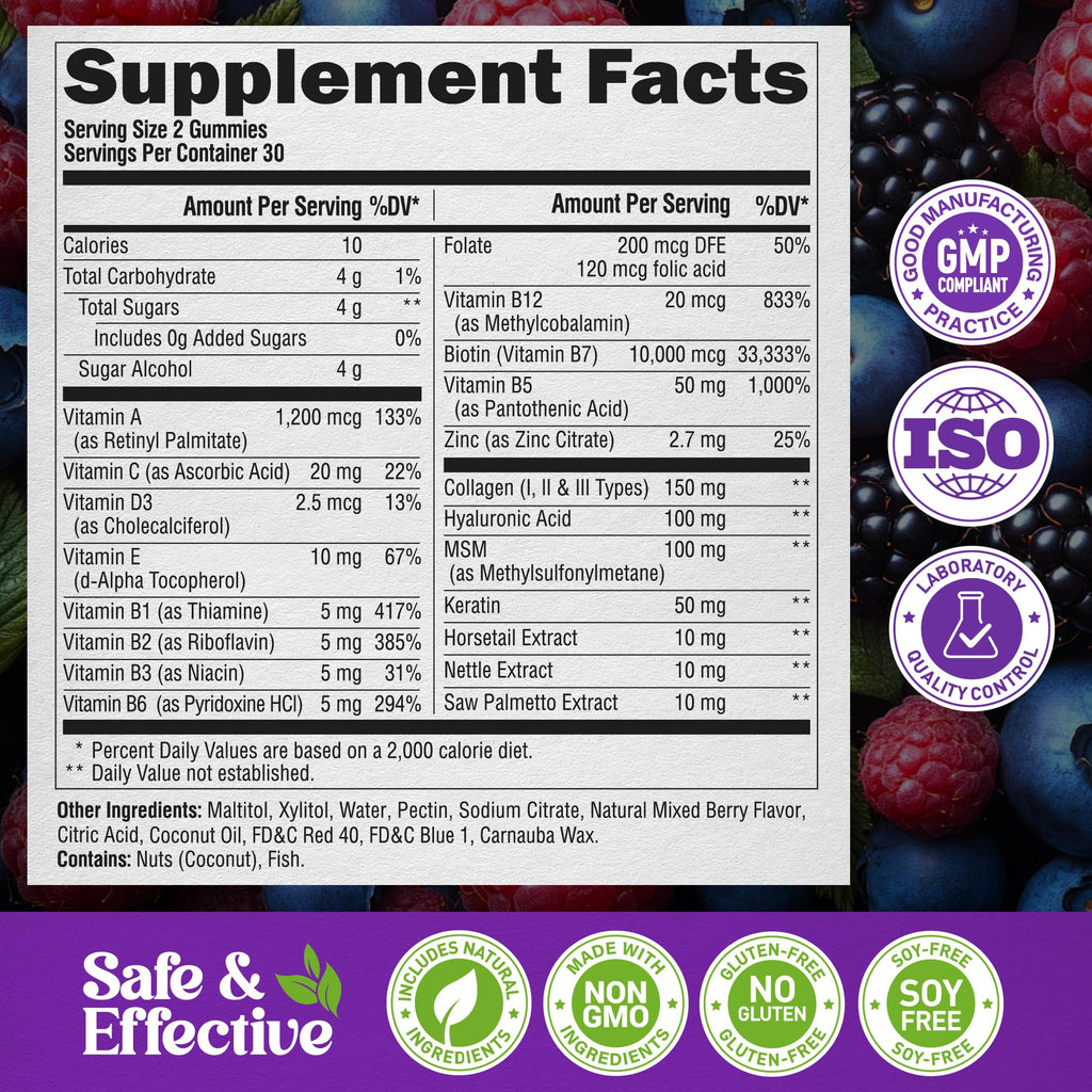 Biotin Gummies for Hair Growth Support - for Women & Men - Berry, Pack of 2 | Biotin 10000mcg, Collagen, Keratin, Hyaluronic Acid, B-Complex, Saw Palmetto - Hair, Skin & Nail Strengt Support - Sugar-Free