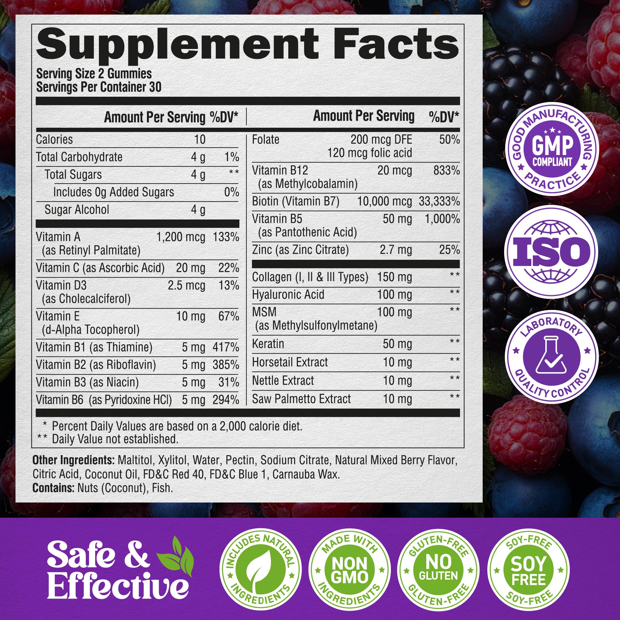 Biotin Gummies for Hair Growth Support - for Women & Men - Berry, Pack of 2 | Biotin 10000mcg, Collagen, Keratin, Hyaluronic Acid, B-Complex, Saw Palmetto - Hair, Skin & Nail Strengt Support - Sugar-Free