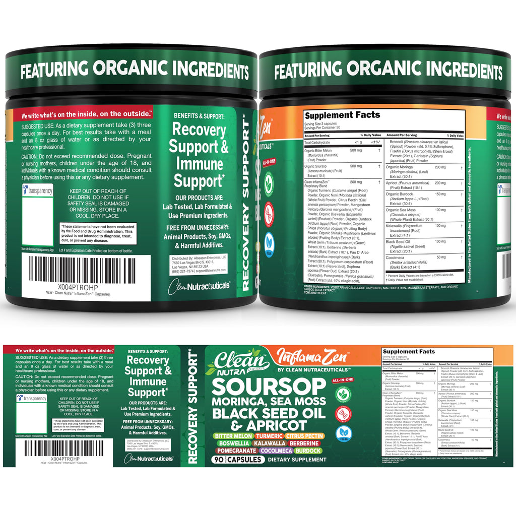 Clean Nutra Soursop Supplement Moringa Sea Moss Black Seed Oil Berberine Turmeric Resveratrol Quercetin Greens Bitters Boswellia Bitter Melon Burdock Root Antioxidant Support 90 Capsules