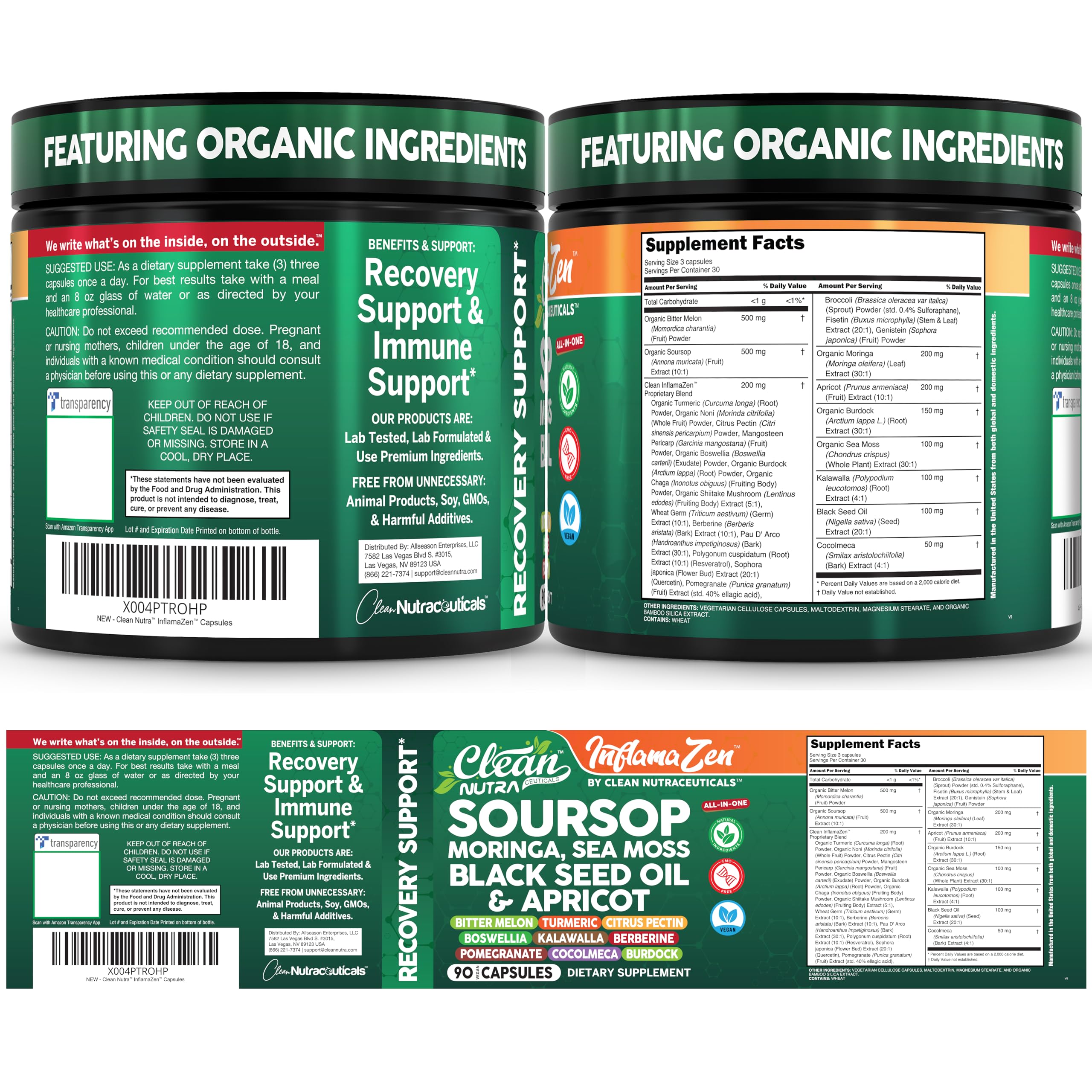 Clean Nutra Soursop Supplement Moringa Sea Moss Black Seed Oil Berberine Turmeric Resveratrol Quercetin Greens Bitters Boswellia Bitter Melon Burdock Root Antioxidant Support 90 Capsules