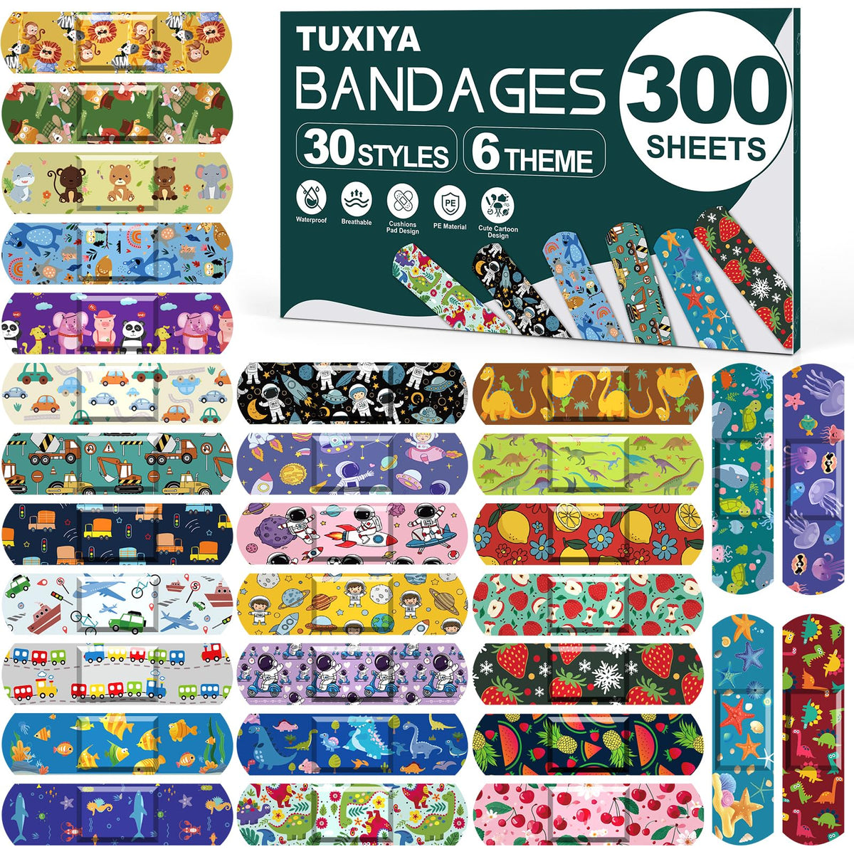 300 Pack Kids Cartoon Bandages,30 Styles 6 Themes Adhesive Bandages Kids