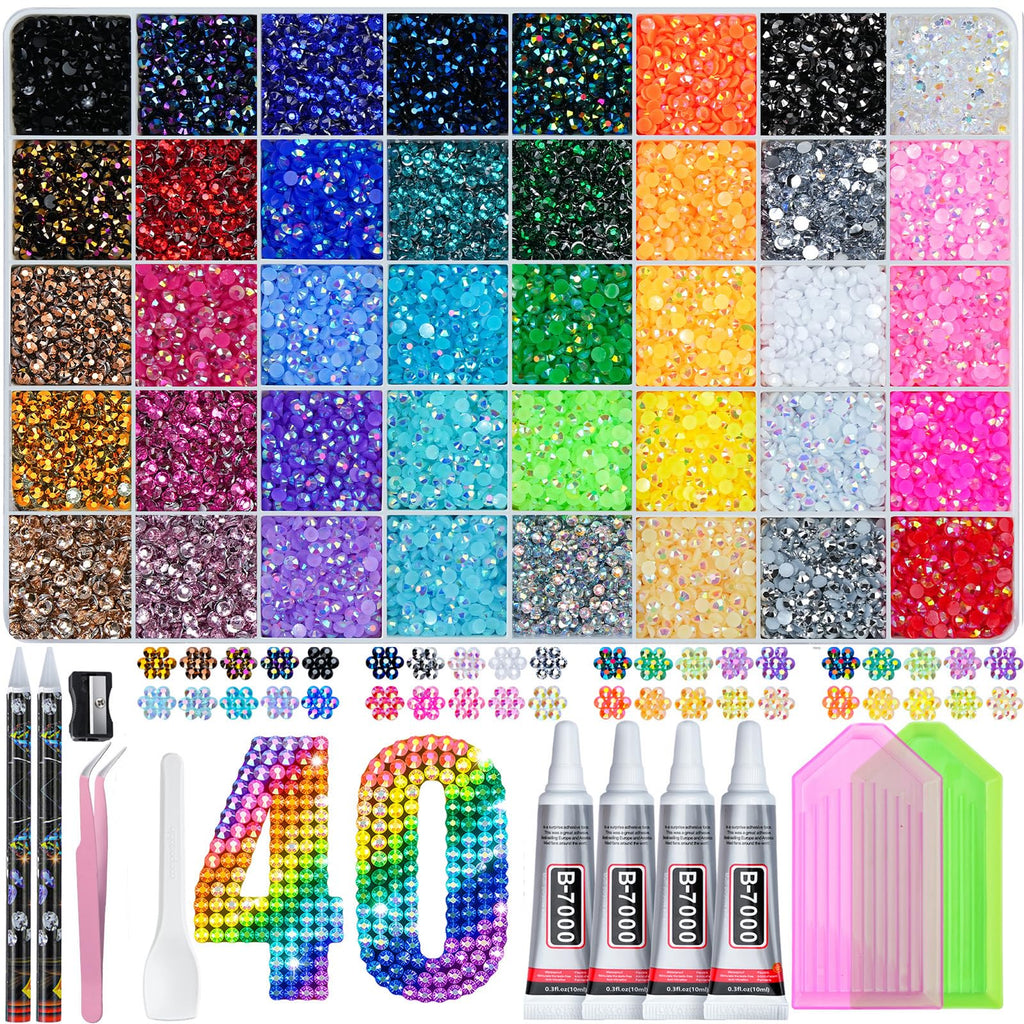 50000Pcs Bedazzling Kit with Rhinestones 3mm, 40 Colors Bedazzler Kit Resin Rhinestones Nail Gems & Glitter Gem Art Supplies, Diamond Art Kits Accessories with Pickup Pen, 4pcs 10ml B7000 Glue