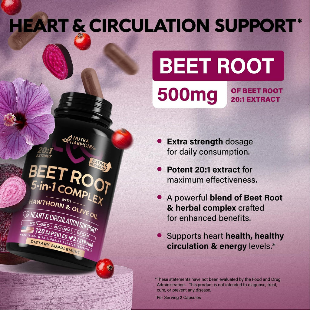 Beet Root Capsules - Healthy Blood Pressure Support Supplement** - 120 Caps | Beet Root for Heart & Circulation Support for Men & Women - with Hawthorn Berry, Hibiscus & Garlic - Nitric Oxide for Energy