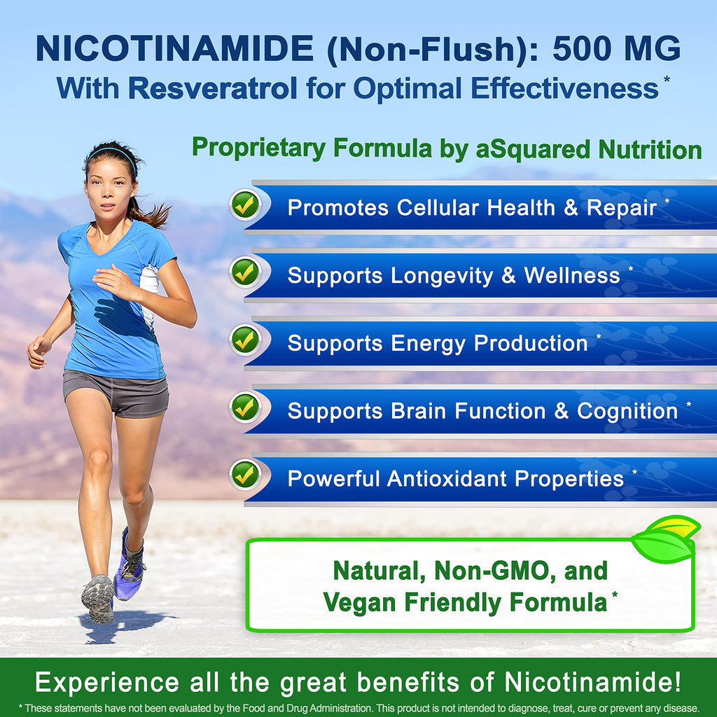 Nicotinamide with Resveratrol - 120 Capsules - Vitamin B3 500mg Supplement | Nicotinamide 500mg (Niacinamide Flush Free) - Vit B3 Pills to Support NAD, Skin Cell Health & Energy