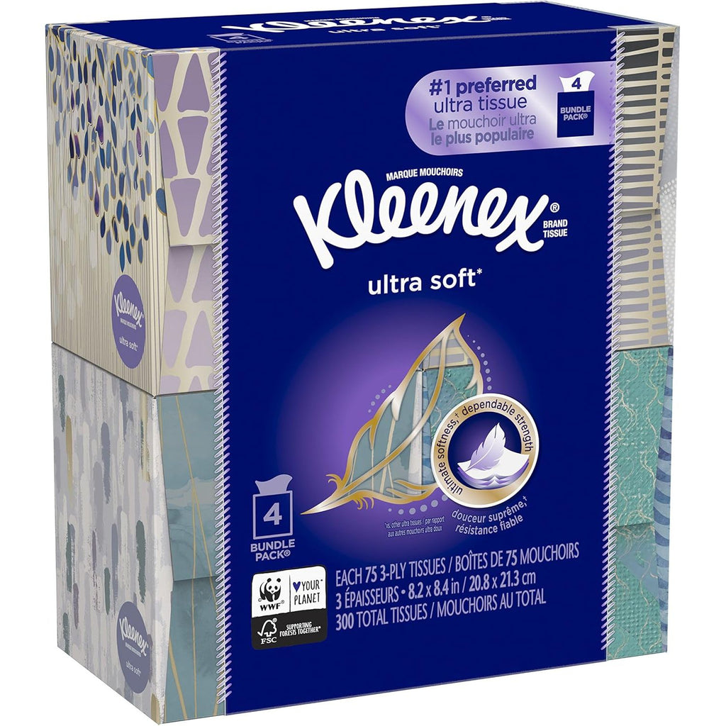 Buy now KLEENEX Ultra Soft Facial Tissue, 3-Ply, White, 8.2 inch x 8.4 inch, 75/Box, 4 Box/Pack - Packaging May Vary (Assorted color and style boxes),Pack of 4, Default at indiglob india