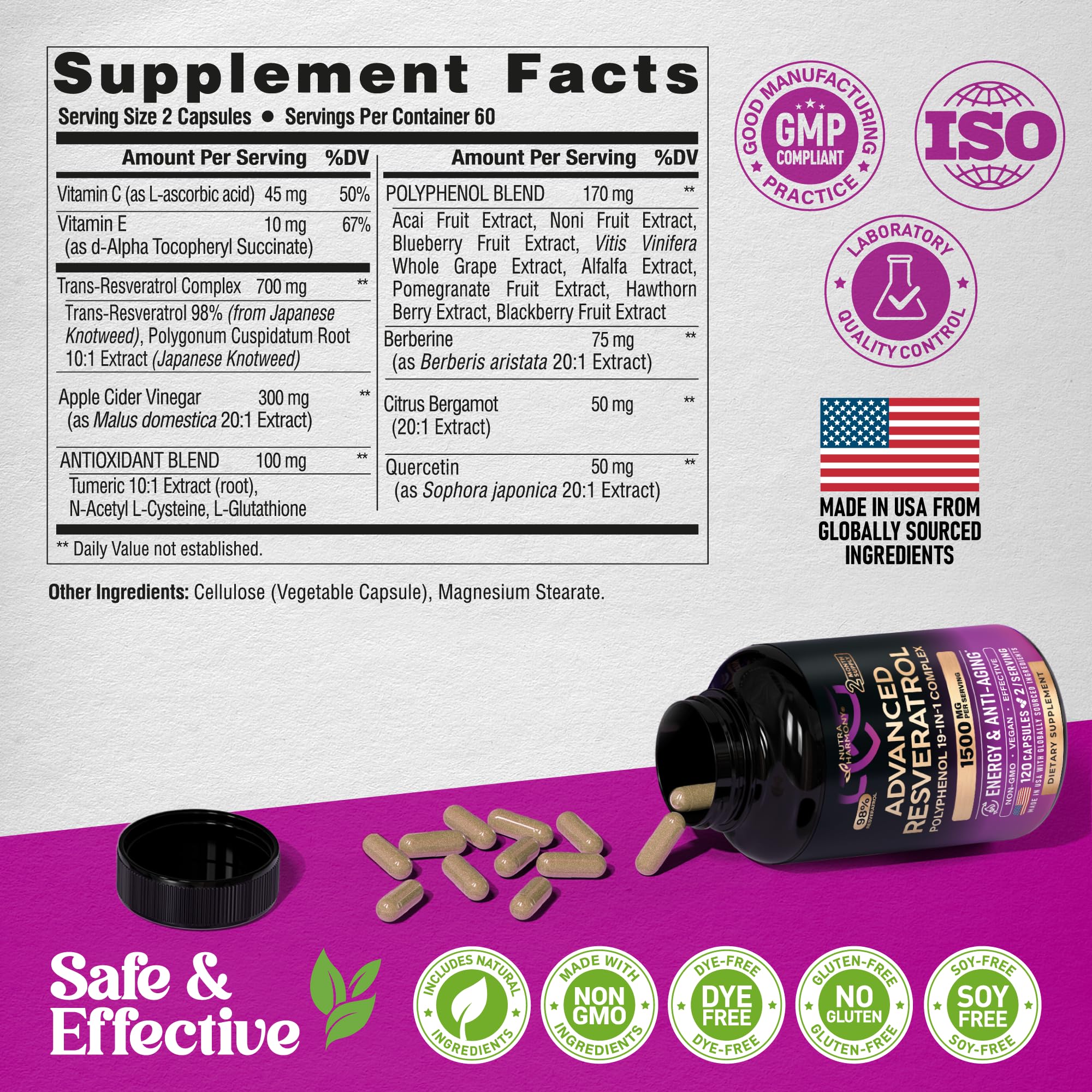 Resveratrol + Berberine, Quercetin, ACV, Acai & Noni Supplement - 120 Caps | 19in1 Organic Polyphenol Resveratrol Supplement - Antioxidant & Heart Health Support - Energy & Anti-Aging - Vegan, NON-GMO