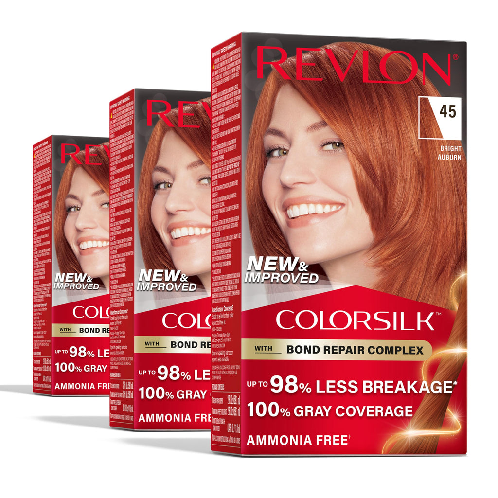 Buy now Revlon ColorSilk with Bond Repair Complex, Permanent Hair Color, 100% Gray Coverage, Ammonia Free Dye, Vegan Keratin, 45 Bright Auburn, 3 pack at indiglob india