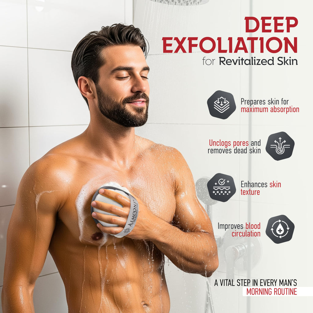ALMOONI Loofah Sponge Body Scrubber for Men, Gray, 2 Count | Natural Egyptian Loofah with Handle Strap, Dual-Sided with Cotton Back, Exfoliating Body Scrubber Loofah for Men