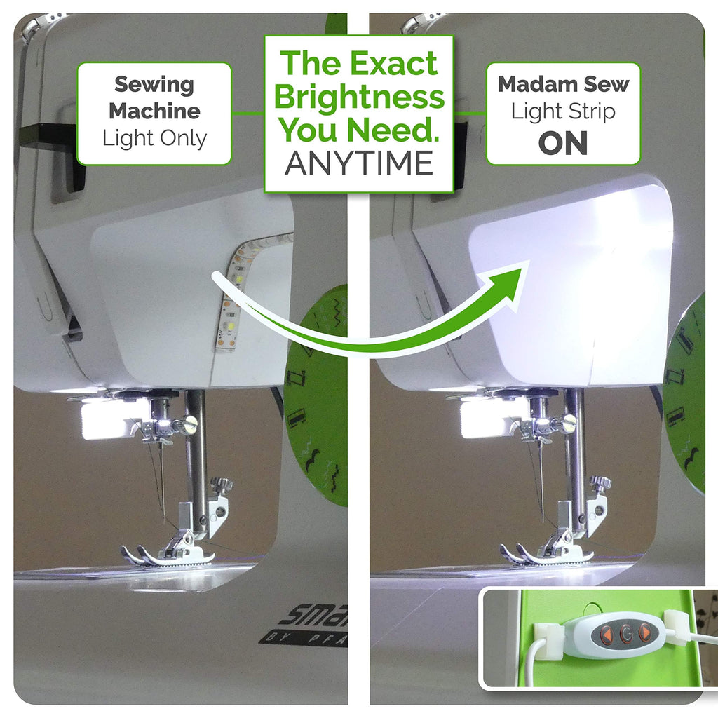 Madam Sew LED Sewing Machine Light Strip with USB Dimmer | 12-Inch Trimmable Flexible Strip Stick On Sewing Light, 24 Daylight LED at 6500K with 3 Adhesive Clips | Fits Most Sewing & Quilting Machines