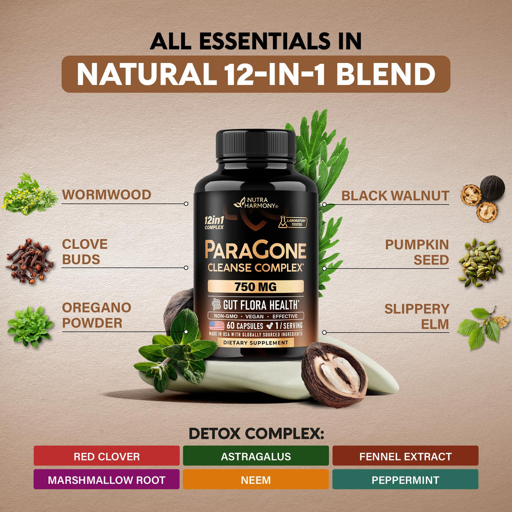 Wormwood, Black Walnut, Clove - Cleanse, Detox & Gut Flora Support - 60Caps