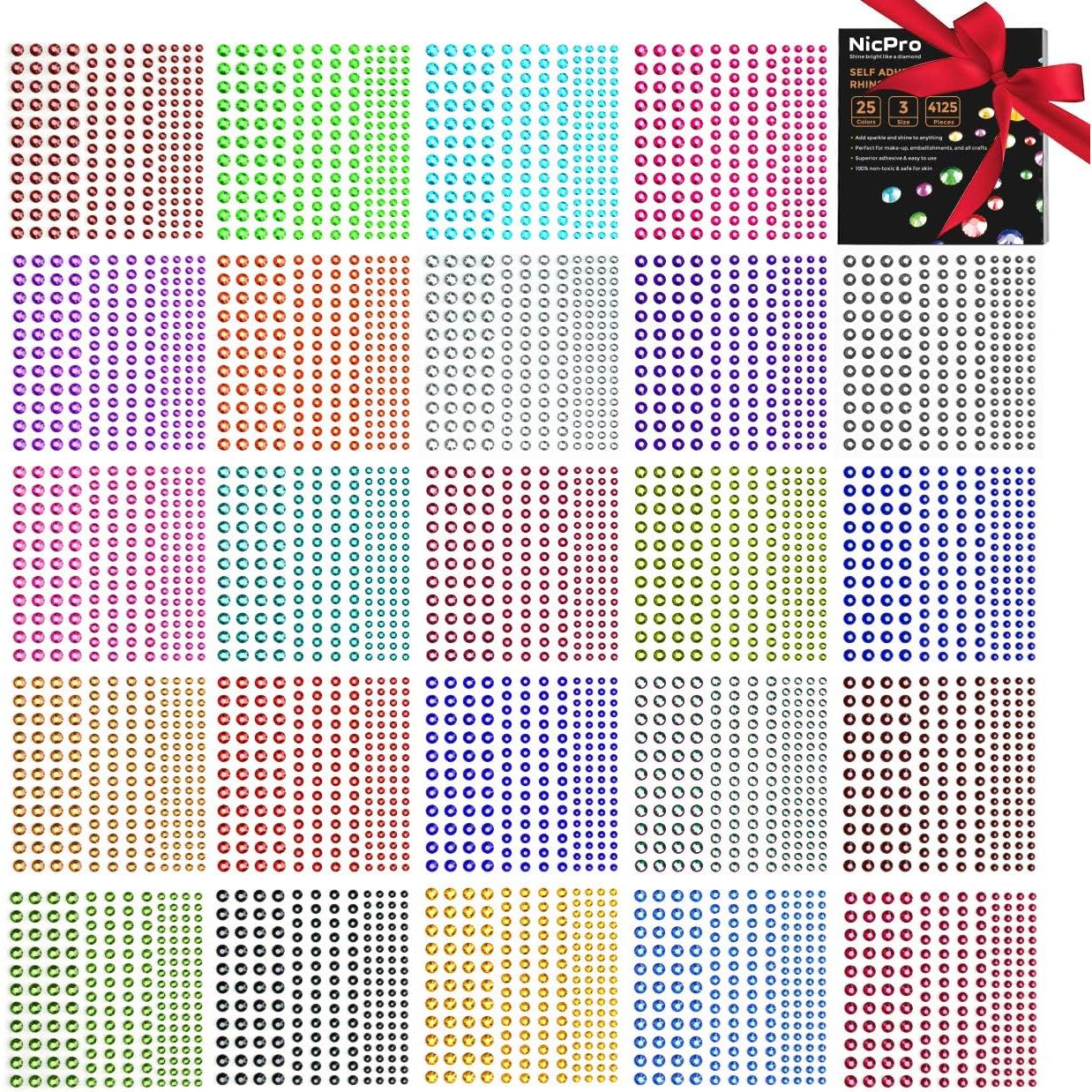 Buy now Rhinestone Stickers 4125 PCS, Nicpro Self Adhesive Gems Stick on Face Body Hair Makeup Festival, Bling Jewels in 3 Size 25 Colors,25 Embellishments Sheet for Decorations Crafts Nail Card 25 Sheet 25 Colors at indiglob india