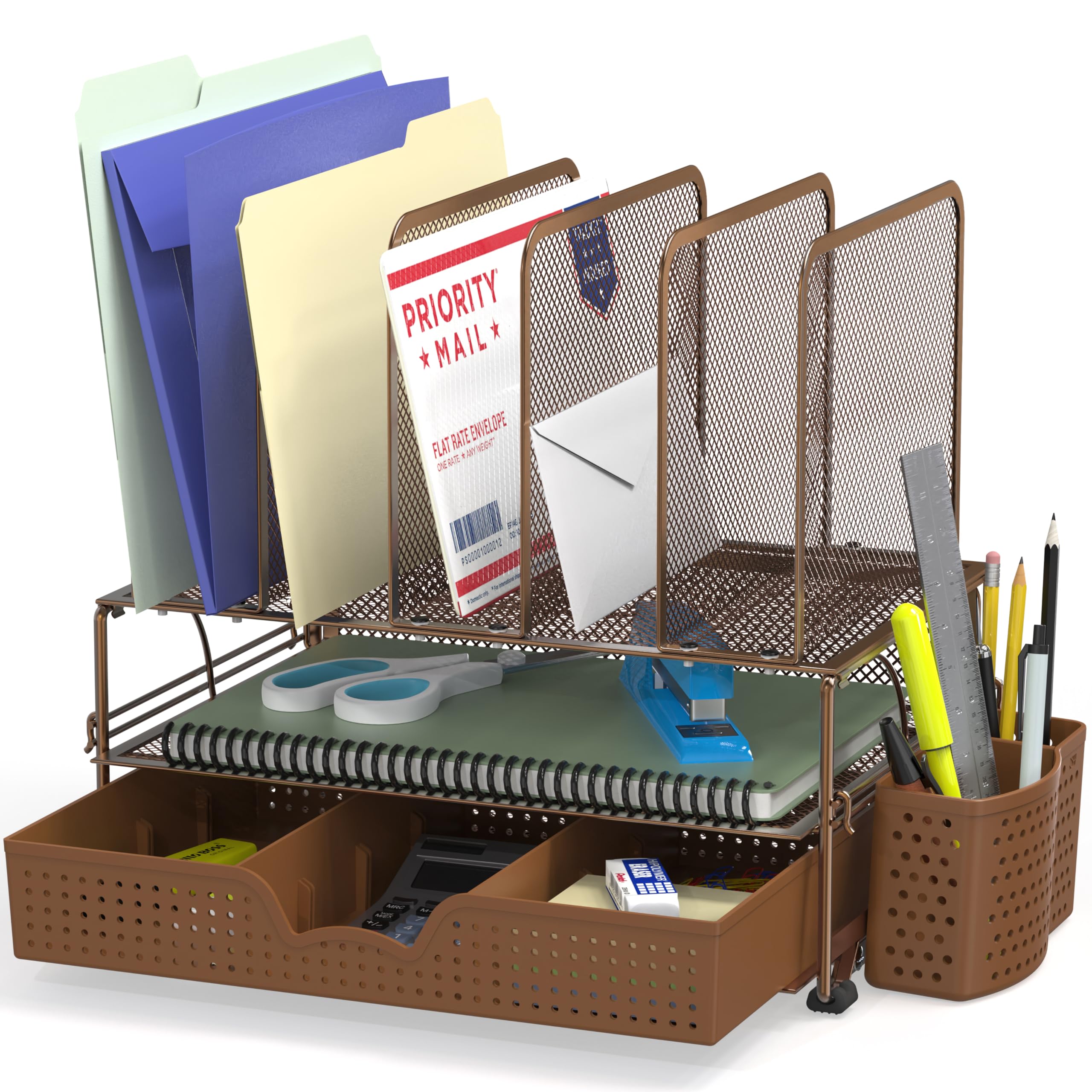 Buy now Simple Houseware Mesh Desk Organizer with Sliding Drawer, Double Tray and 5 Upright Sections, Copper Copper at indiglob india