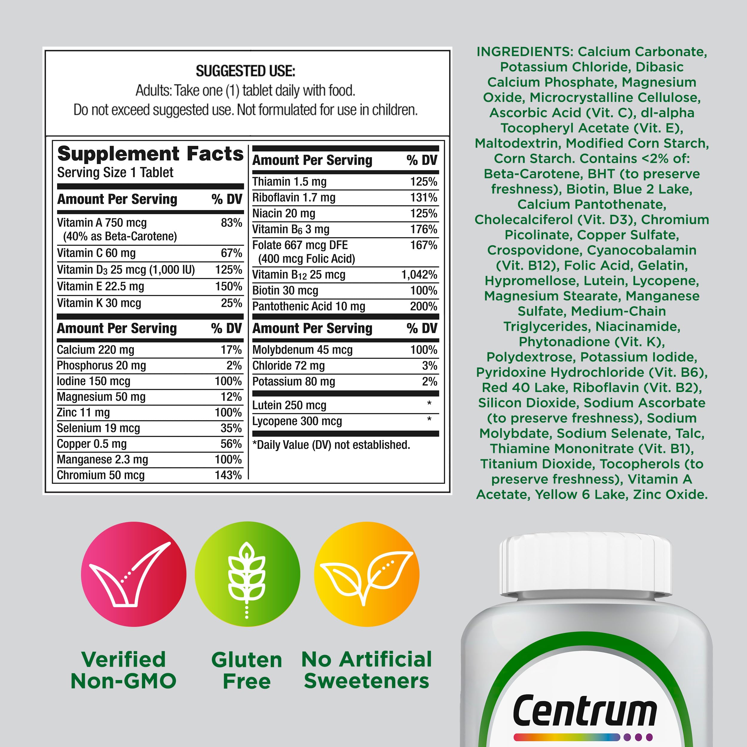 Centrum Silver Multivitamin for Adults 50 and Over, 125 Tablets | Contains Vitamin D3, B Vitamins, Clinically Proven to Support Memory as You Age, GLP-1 Support
