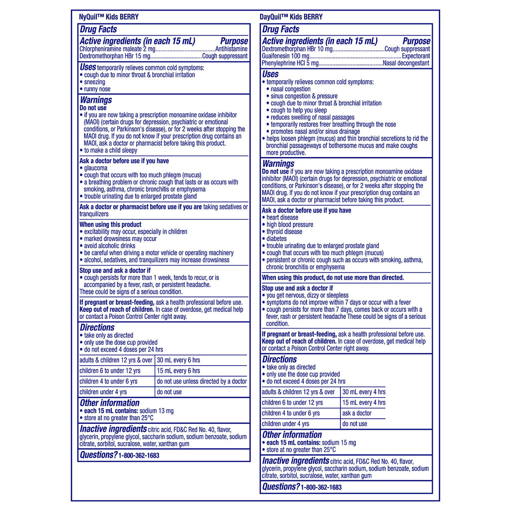 Buy now VICKS Kids DayQuil & NyQuil Berry Cold & Cough Medicine Co-Pack, Daytime & Nighttime Relief of Multiple Symptoms, Great-Tasting Berry Flavor, Free of Alcohol & Acetaminophen, for Ages 6+, 2x8oz at indiglob india