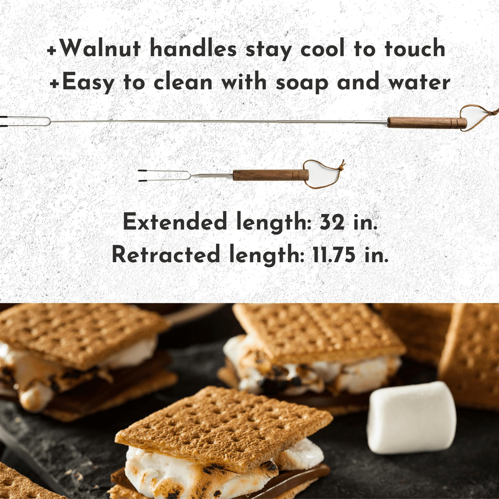 Blue River Goods Smores Sticks | Set of 6 Marshmallow Roasting Sticks | Extendable Stainless Steel w/Walnut Handles | Smore Sticks for Marshmallow Sticks for Fire Pit | Smore Sticks for Fire Pit
