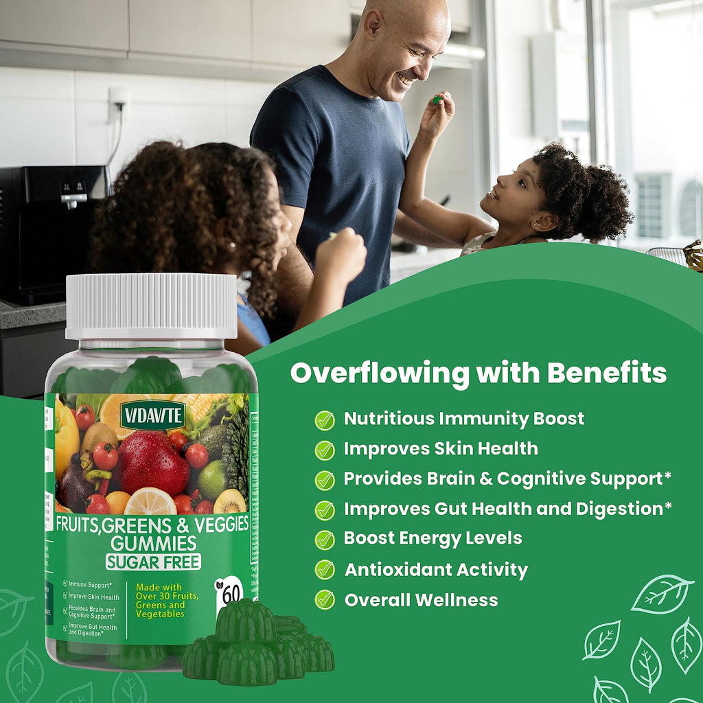 Sugar-Free Super Greens Gummies — Fruits and Veggies Supplement (30-Days) | US-Made, 35+ Greens, Veggie & Fruit Gummies to Boost Immunity, Skin & Gut Health - Ideal for Adults & Picky Teens(60 Gummies)