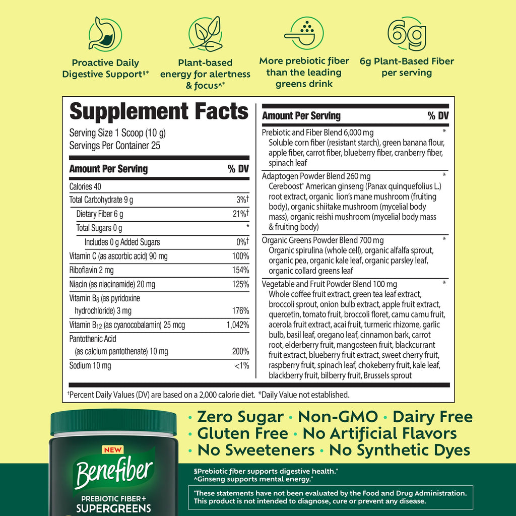 Benefiber Prebiotic Fiber + Supergreens, Watermelon Lemonade Flavor, 8.8 oz