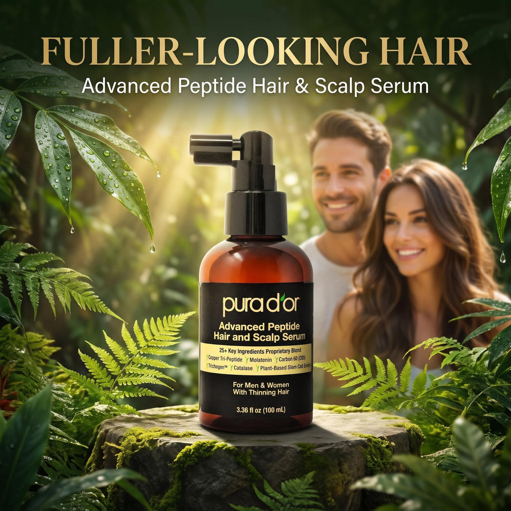 PURA D'OR Advanced Hair & Scalp Serum – For Hair Thinning with Copper Tri-Peptide, Caffeine, Botanical Extract Blend, Fuller Appearance Strands – Vegan, Men & Women 3.3 Oz Ayurvedic Hair Care