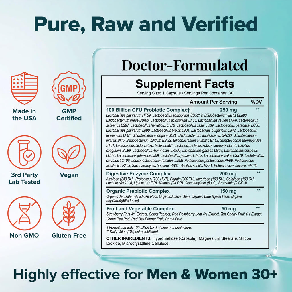 Wholesome Wellness Organic Raw Probiotics 100 Billion CFU, Dr Formulated for Women and Men, Complete Adult Supplement with Prebiotics and Digestive Enzymes; 30 Capsules, Shelf Stable