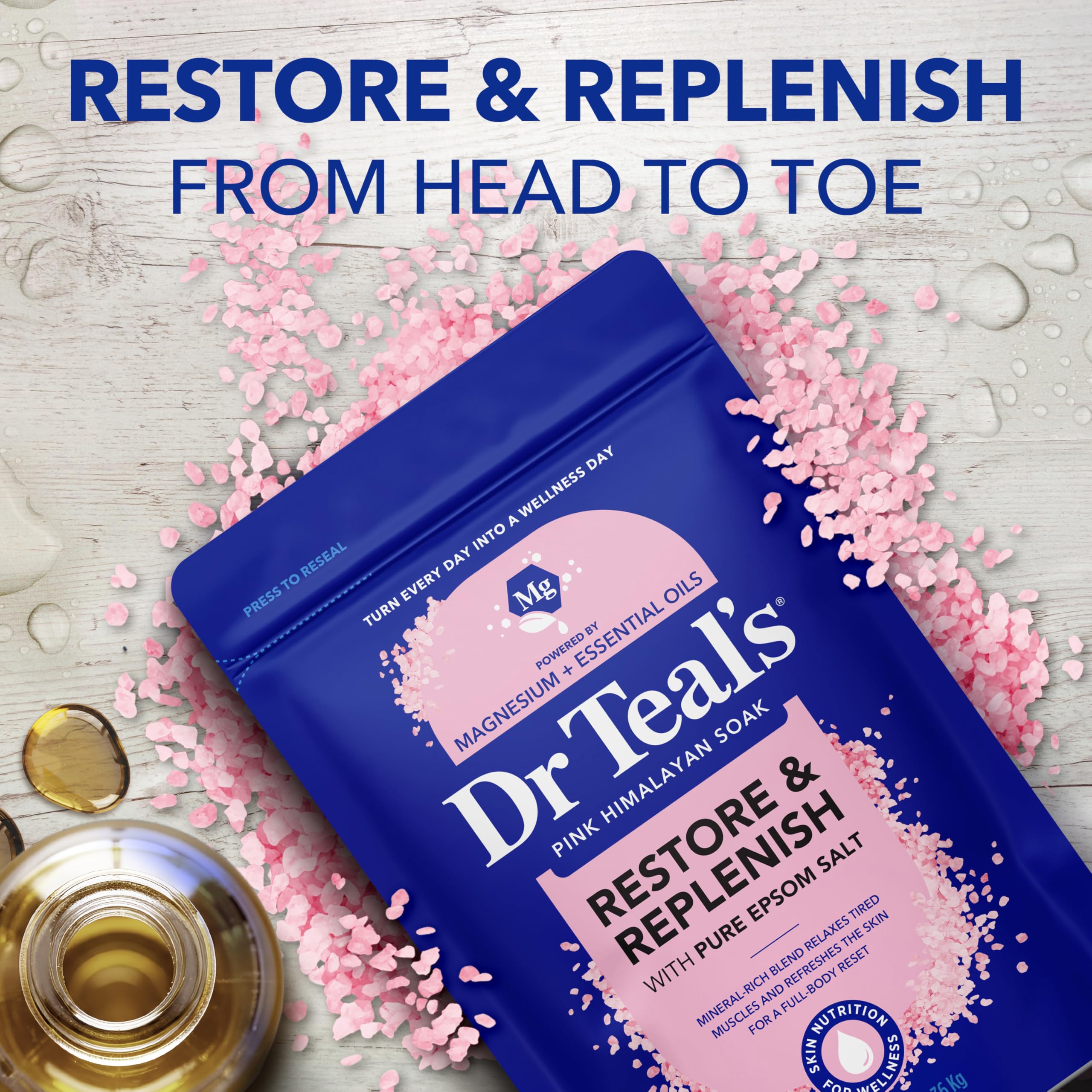 Dr Teal's Epsom Salt Magnesium Soak, Restore & Replenish with Pink Himalayan Salt, 3 lbs