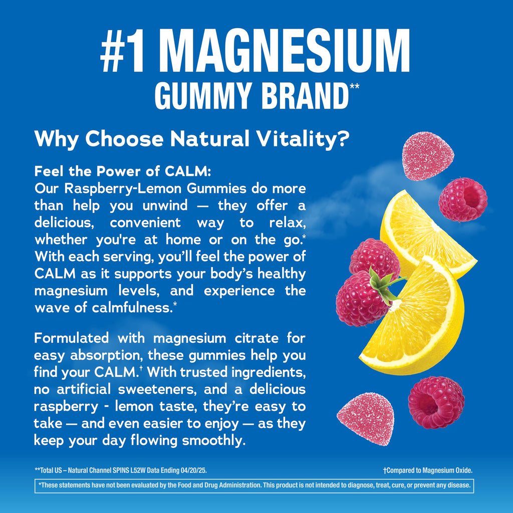 Natural Vitality Calm Magnesium Gummies | 330mg Per Serving | Raspberry Lemon Flavored Supplement | Gluten-Free & Vegan | 240 Count