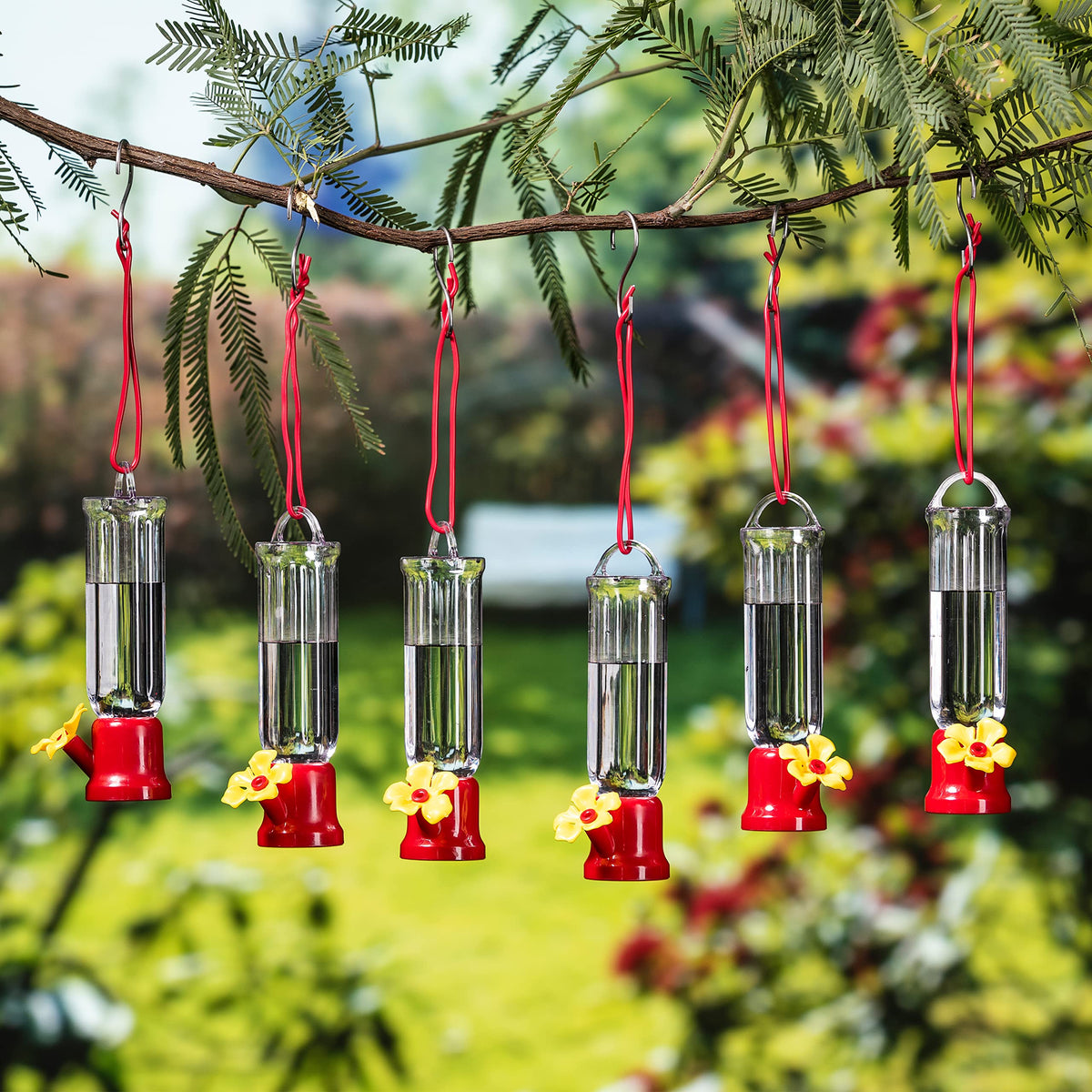 JOIEDOMI Set of 6 Mini Hummingbird Feeders with Hanging Wires, Transparent Outdoor Humming Bird Feeder Set with 3 Cleaning Brush for Patio, Outside, Lawn, Backyard, Garden, Easy to Clean