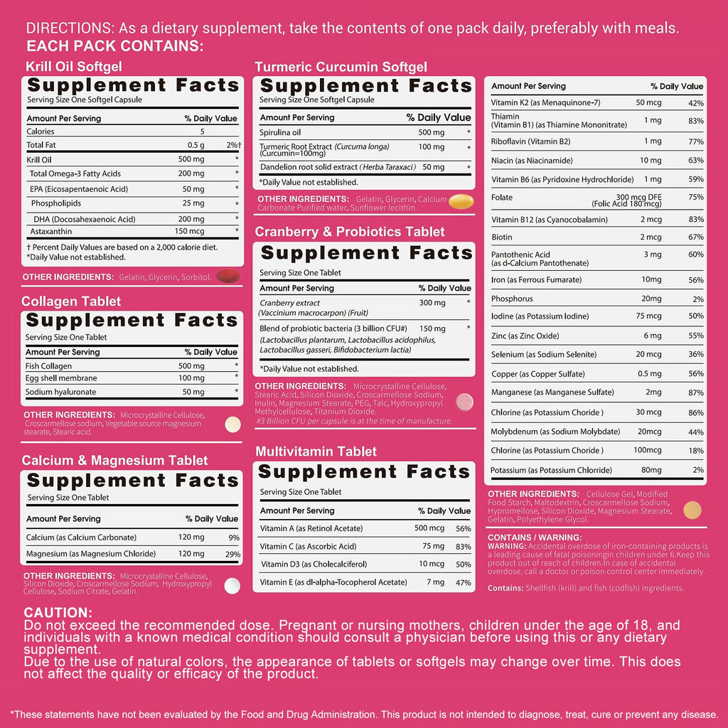 RevitaPlus Multivitamin for Women Daily Pack 60 Servings | Vitamin A,B,C,D3,E,K2,Biotin, Collagen, Krill Oil, Cranberries, Vitamin Packs for Women Energy,Wellness,Beauty and Immune