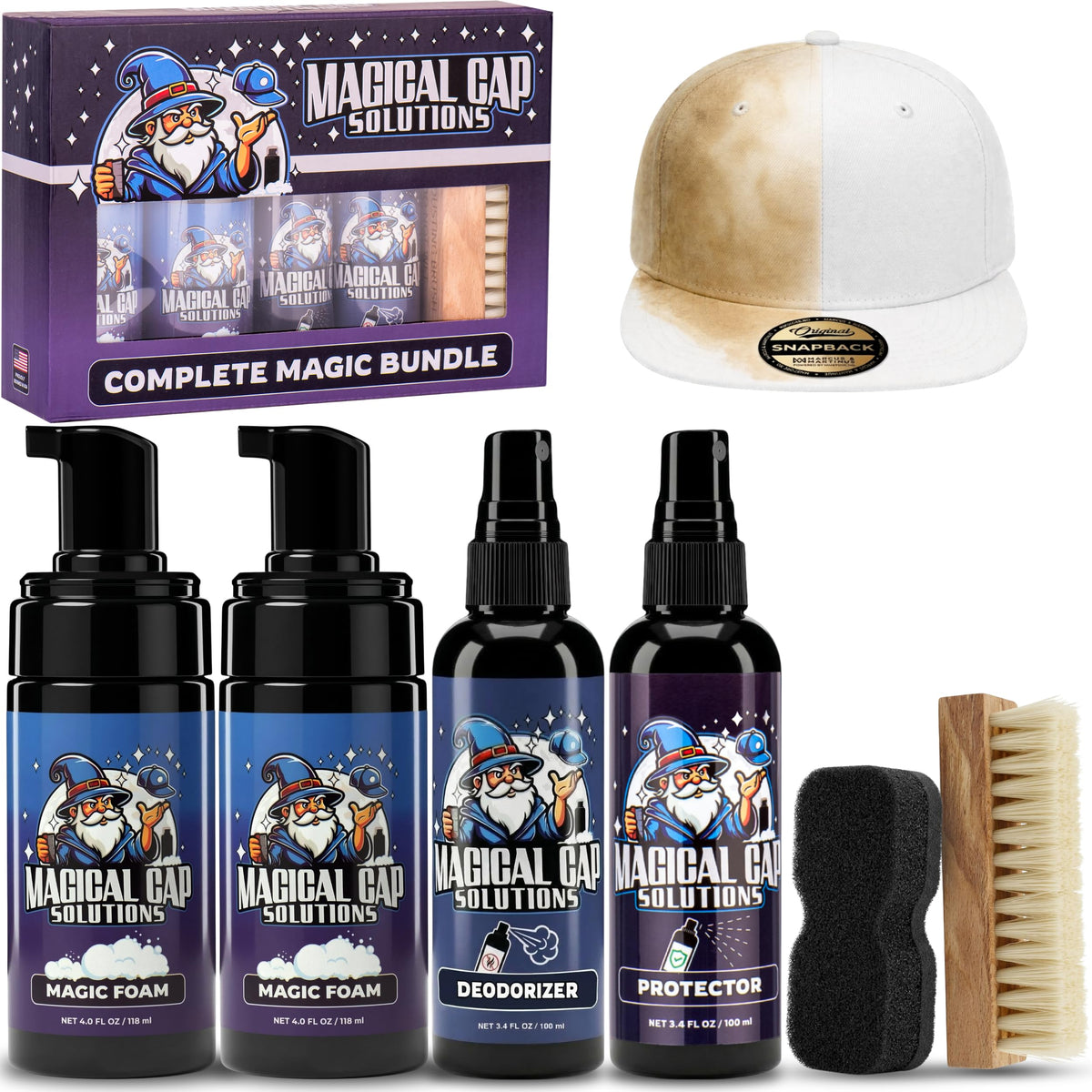 Hat Cleaning Kit – 4-Step Headwear Cleaner with Foam, Brush, Deodorizer & Protector – Safe for Baseball Caps, Snapbacks & All Types of Fabrics