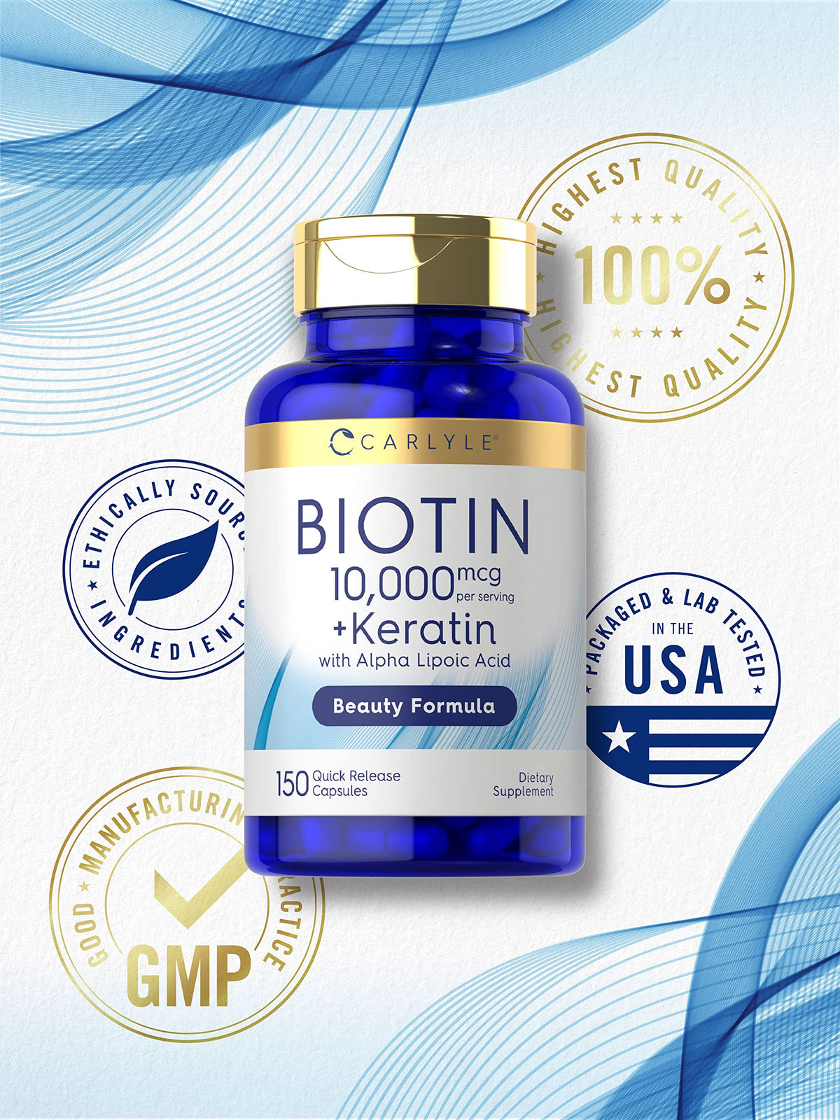 Carlyle Biotin 10000mcg | 150 Capsules | Beauty Formula with Keratin