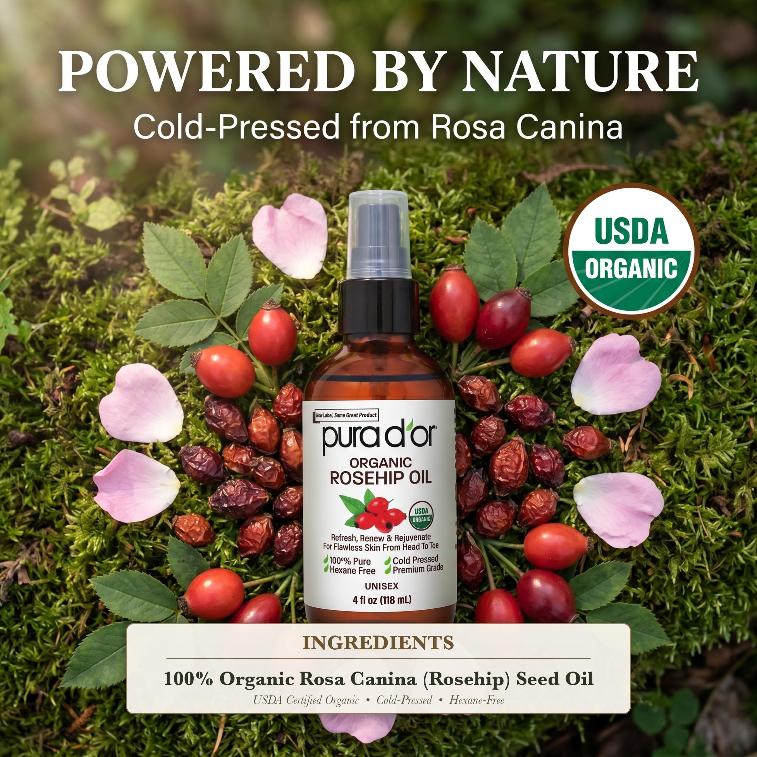 PURA D'OR ORGANIC Rosehip Seed Oil Pure Cold-Pressed for Face, 4oz