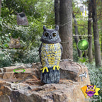 Owlsome Solar Owl with Glowing Eyes, Rotating Head, Hoot Sound, Motion Detector and Silent Mode, Plastic Owl Garden Sculpture, Garden Decoration