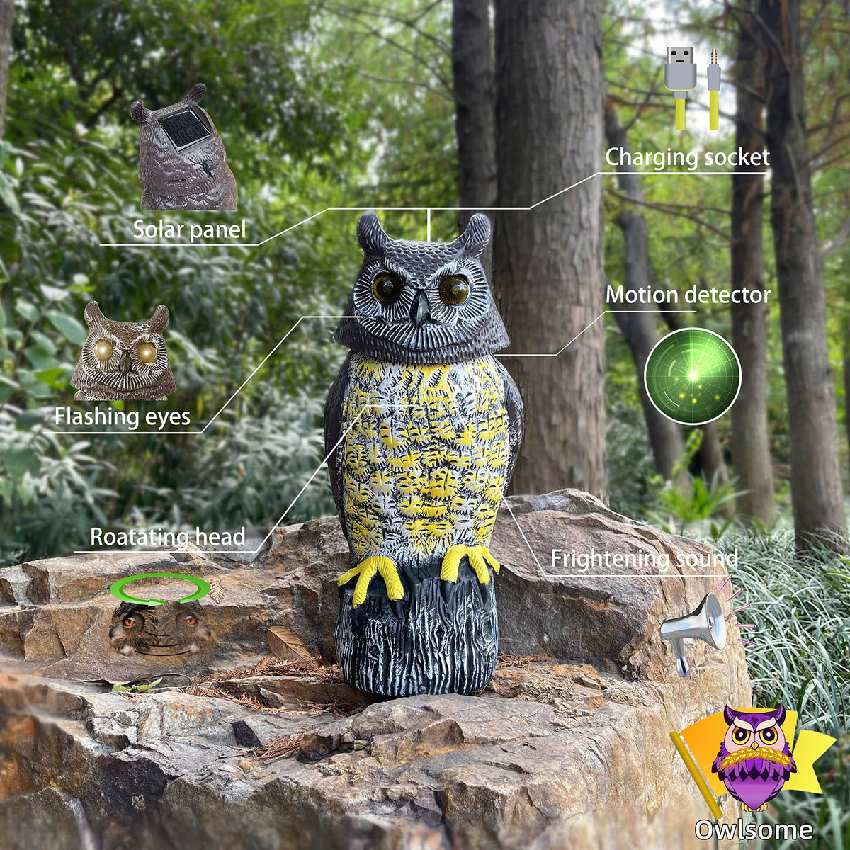 Owlsome Solar Owl with Glowing Eyes, Rotating Head, Hoot Sound, Motion Detector and Silent Mode, Plastic Owl Garden Sculpture, Garden Decoration