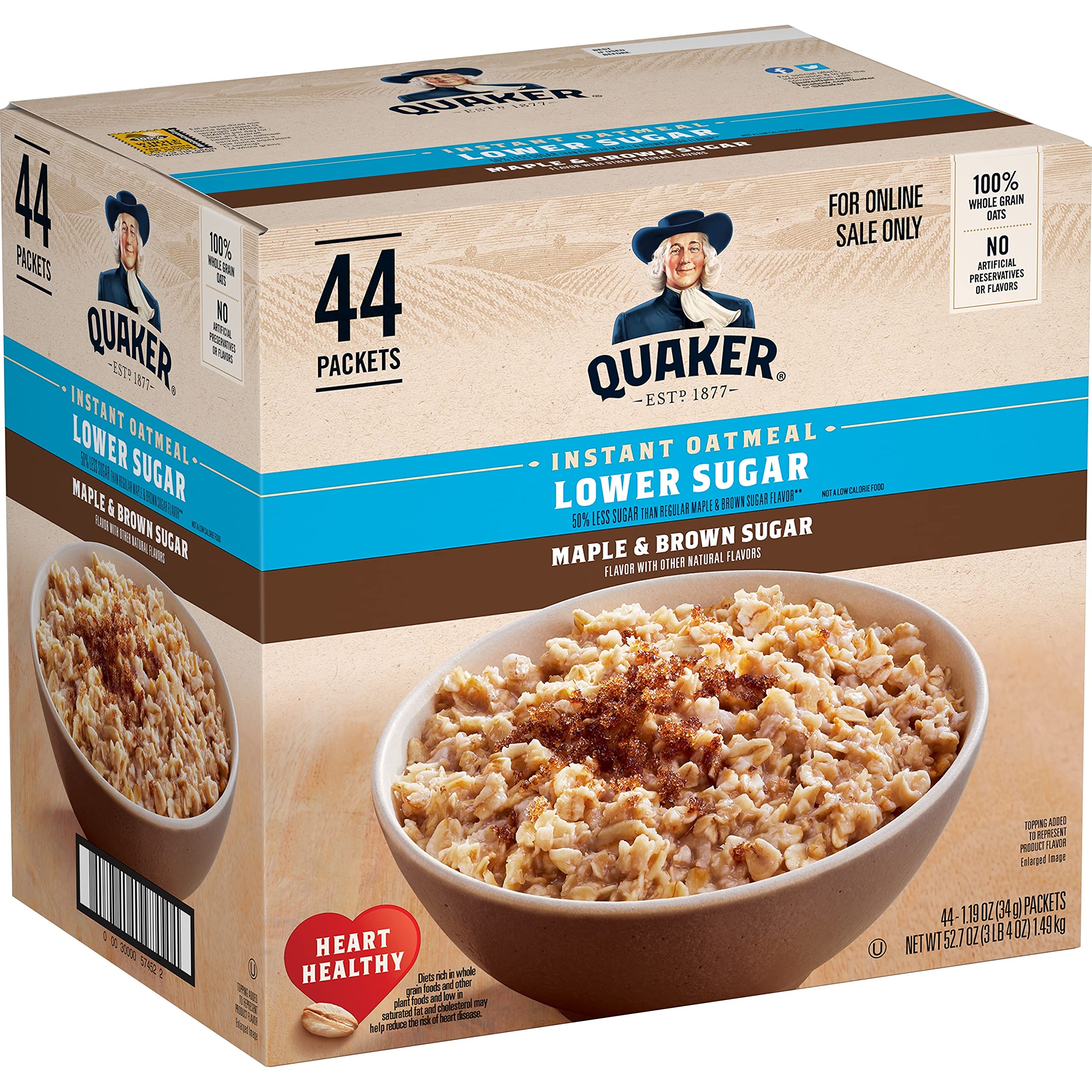 Buy now Quaker Instant Oatmeal Fruit & Cream Variety Pack, Single Serve Packets, (44 Pack) Maple & Brown Sugar - 50% Less Sugar at indiglob india